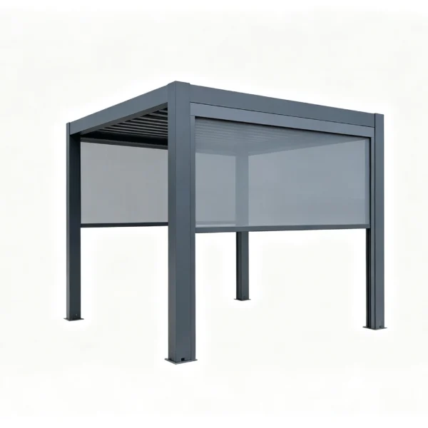 Dark gray aluminum pergola with partially raised retractable screen