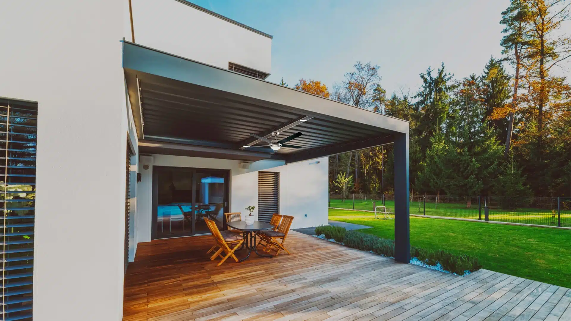 Dark gray solar pergola on modern home