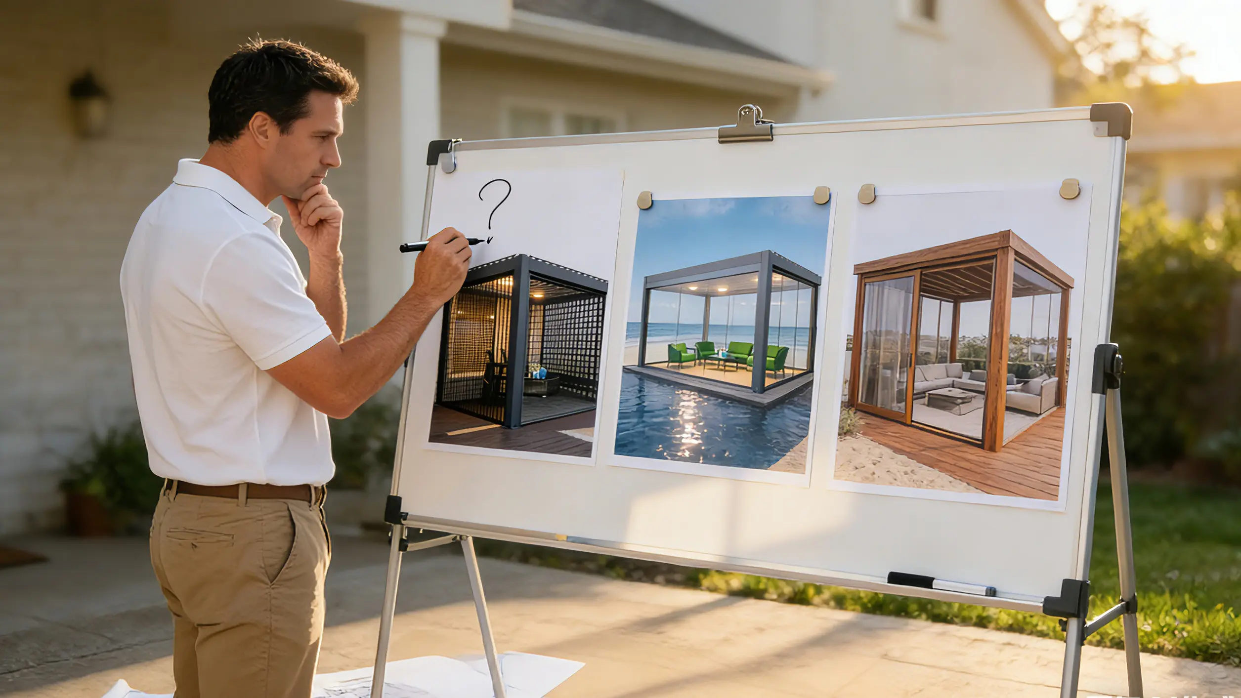 A man ponders enclosed pergola privacy design options