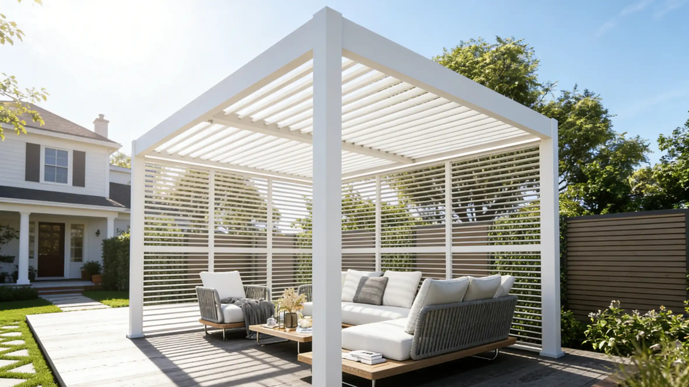 A modern white pergola with louvered walls for privacy, featuring outdoor seating, sits in the landscaped backyard.