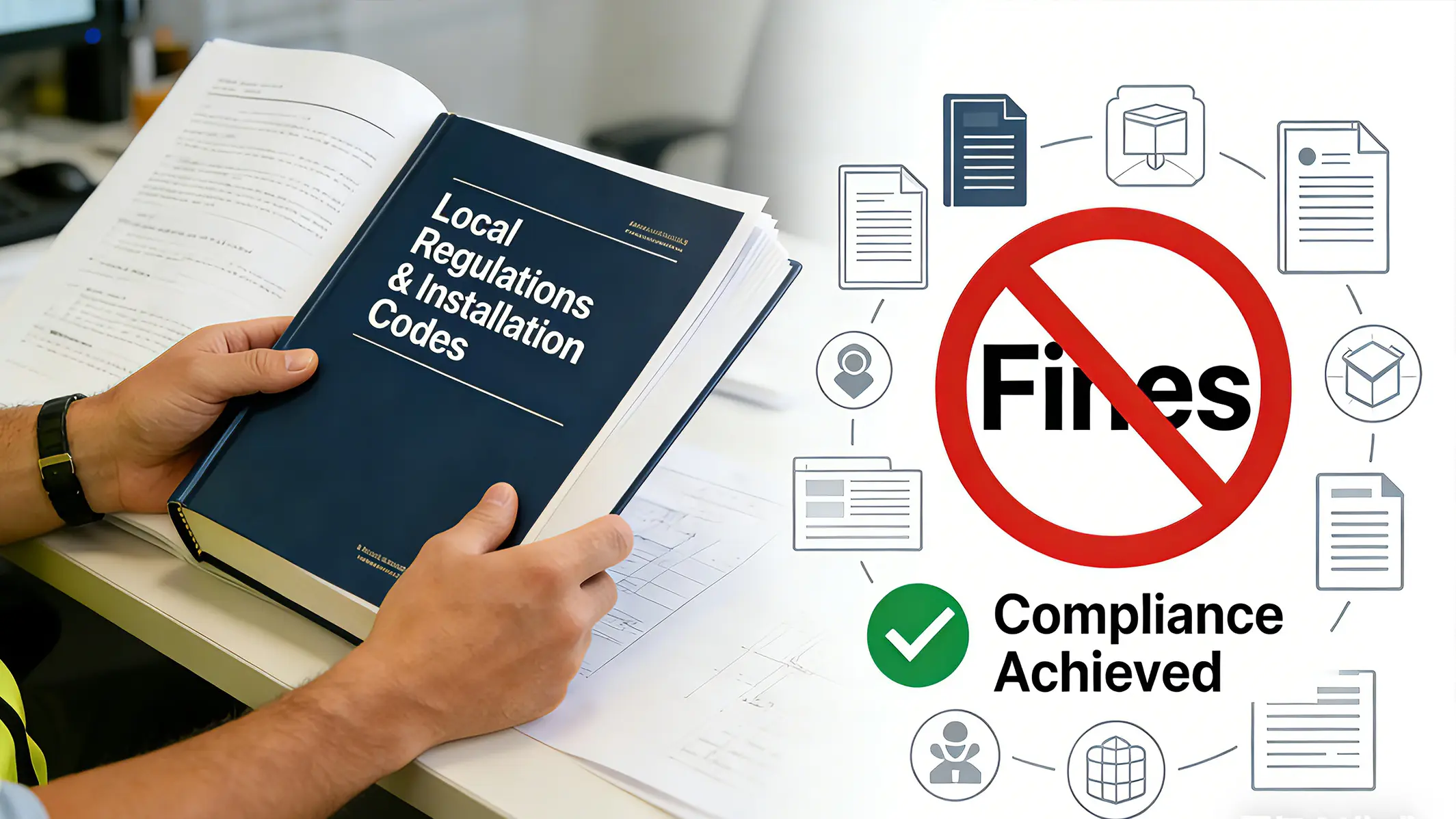 Person reviewing Local Regulations & Installation Codes manual, with graphics showing compliance.