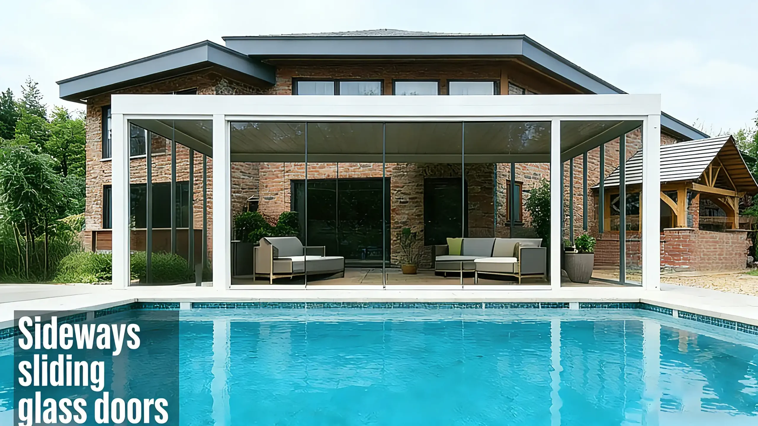 Poolside outdoor pergola with sideways sliding glass doors, white frame, and lounge seating.