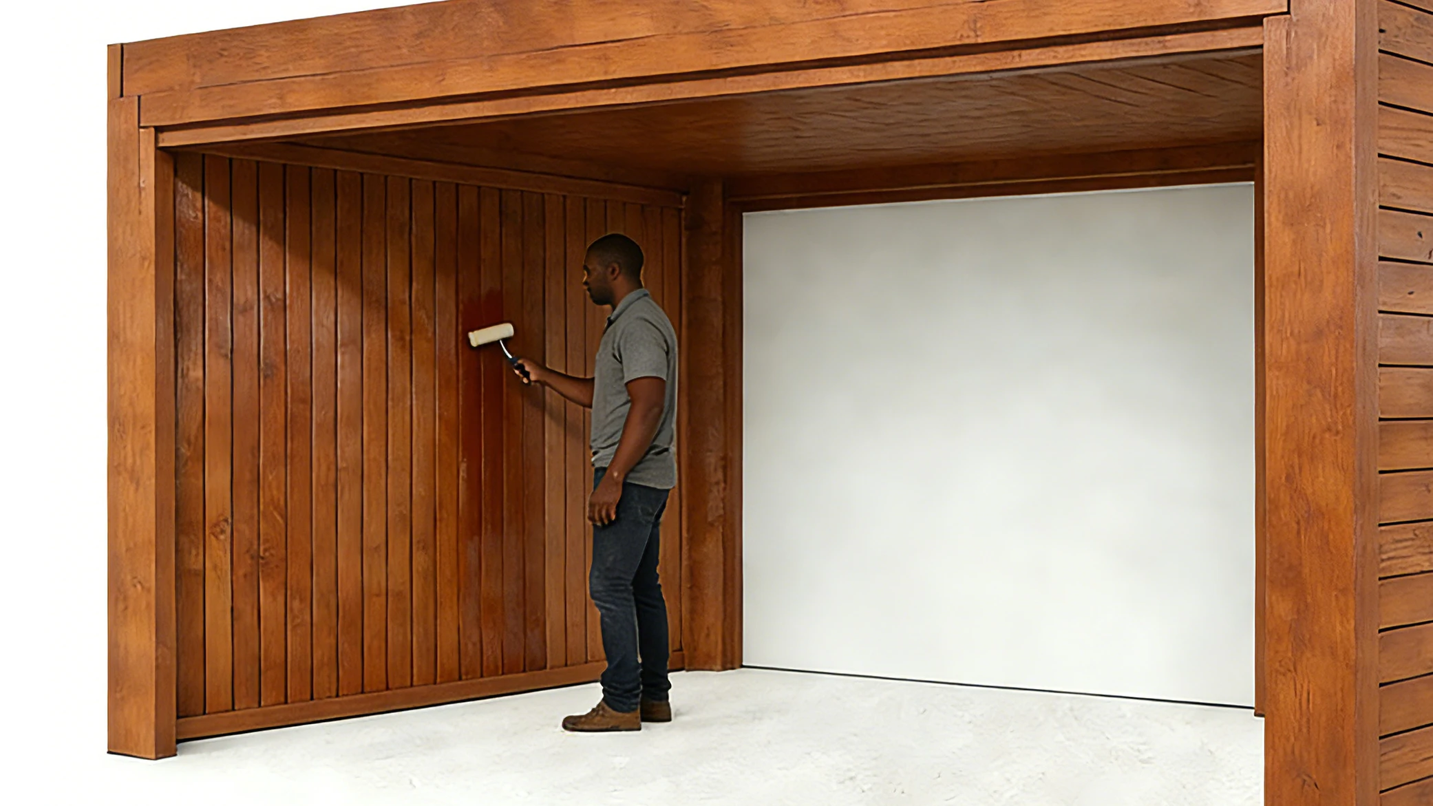 A man is painting a wooden privacy fence
