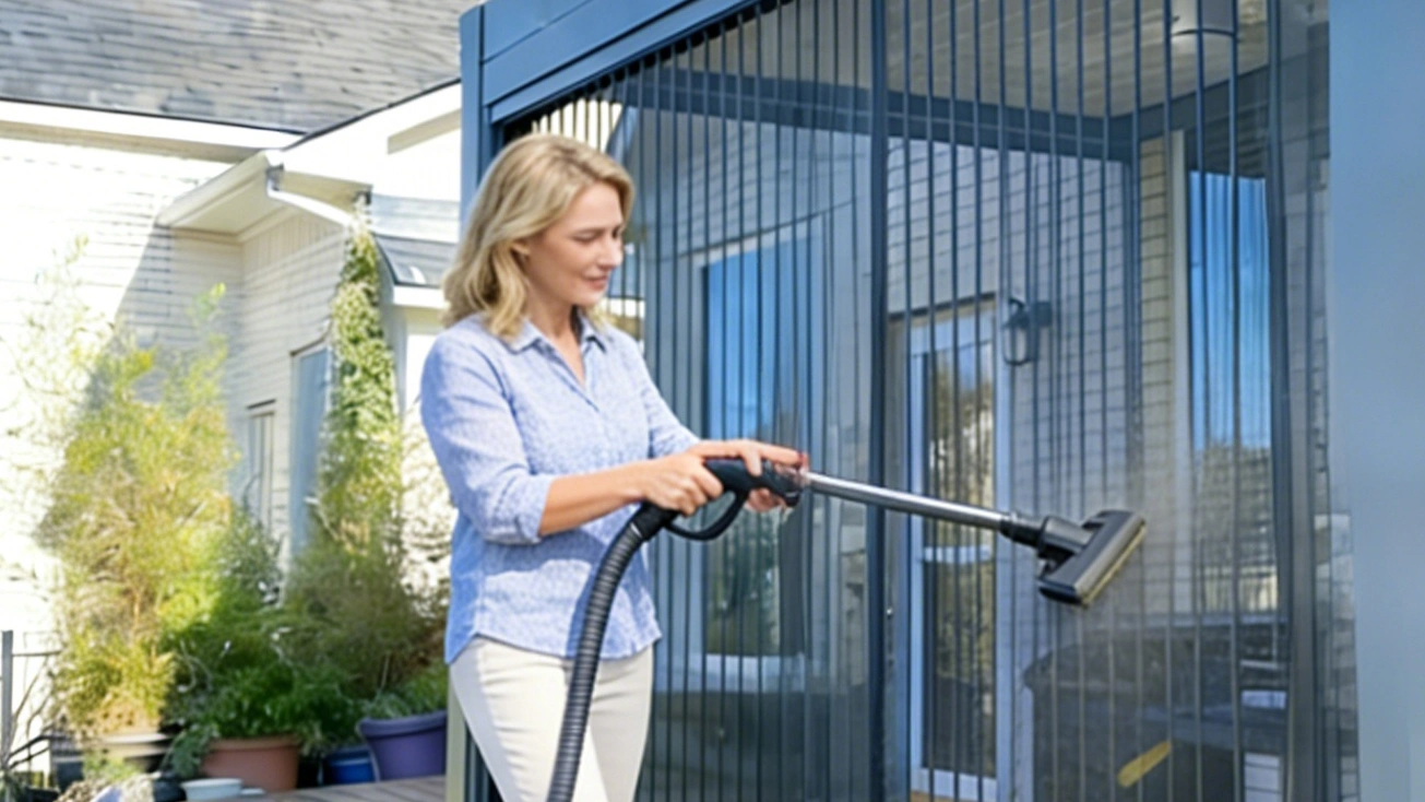 A woman uses a vacuum cleaner to remove dust from the mesh