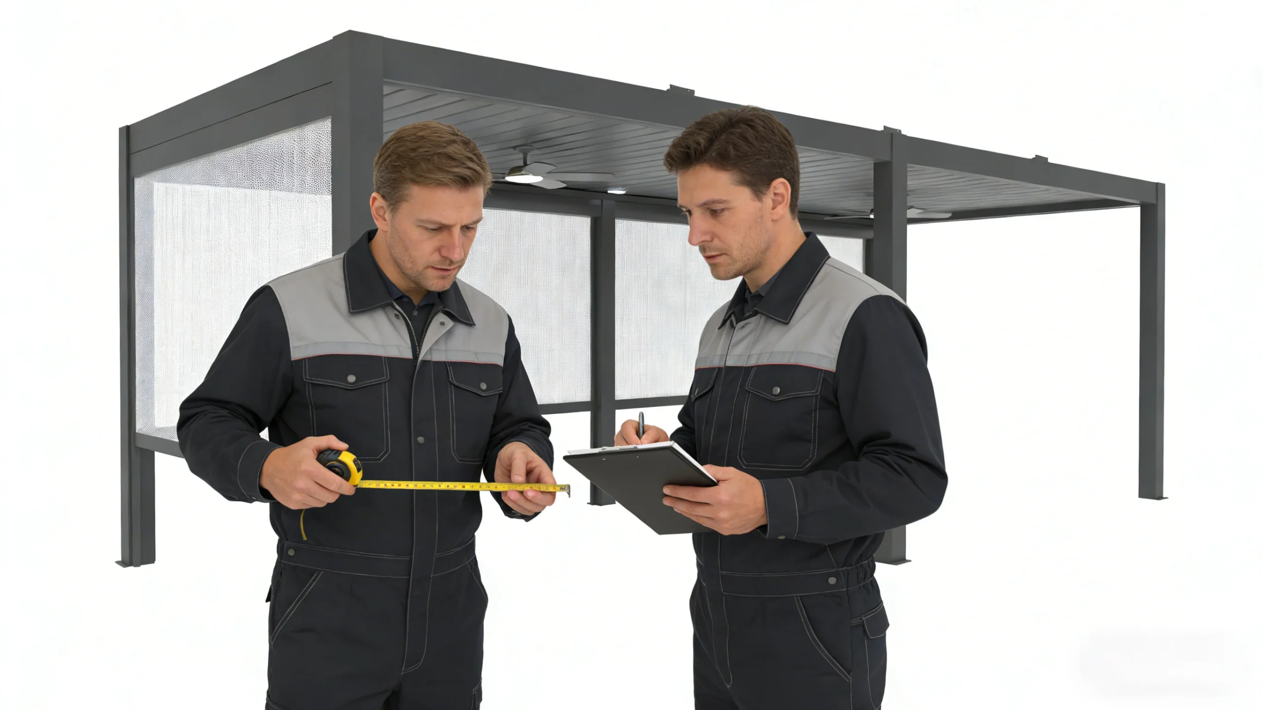 Professionals assess the pergola, confirm dimensions, and discuss objectives.