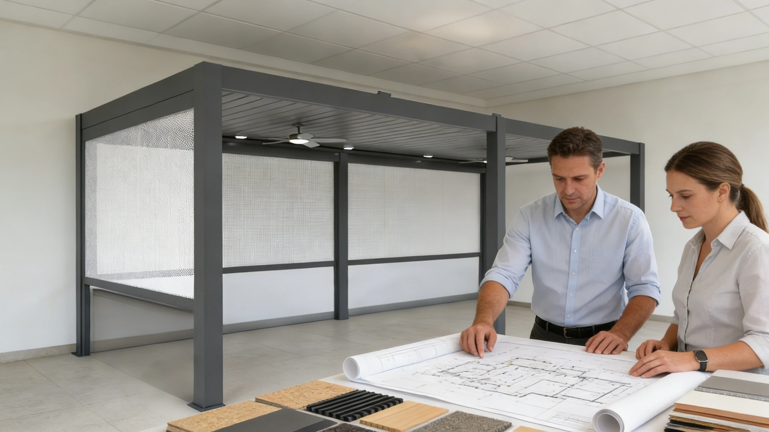 For custom-sized solutions, professionals create designs and order bespoke materials.