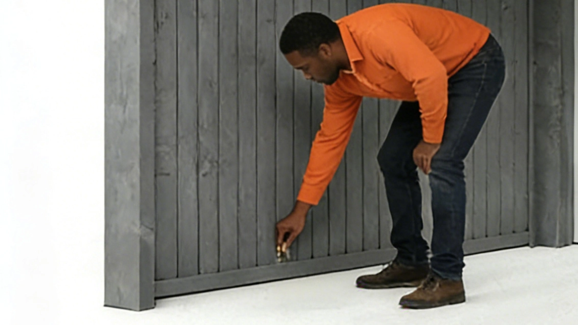 A man bent down to inspect the edge of the wall.