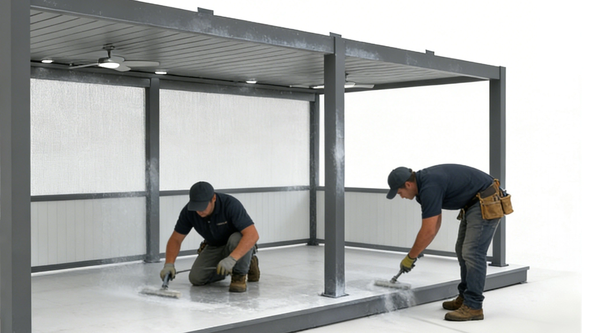 Professionals prepare the pergola site, including reinforcing the frame and cleaning the area to ensure a stable installation surface.