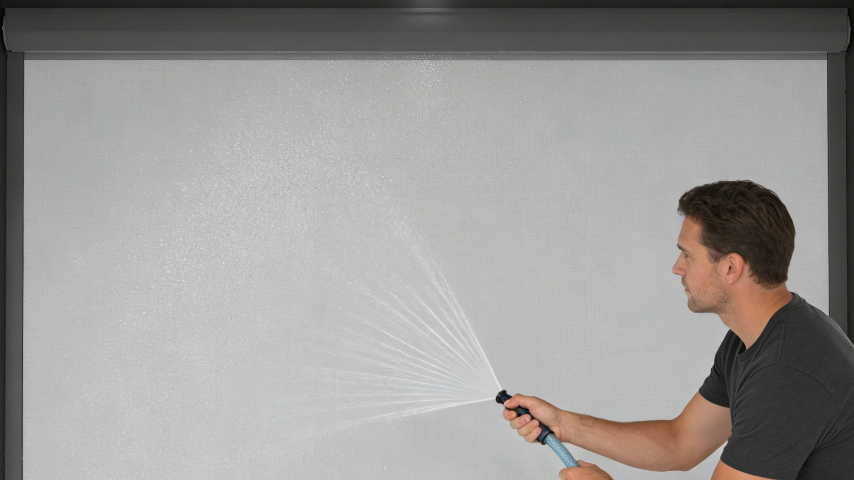 Man rinses a fabric enclosure panel with a low-pressure hose