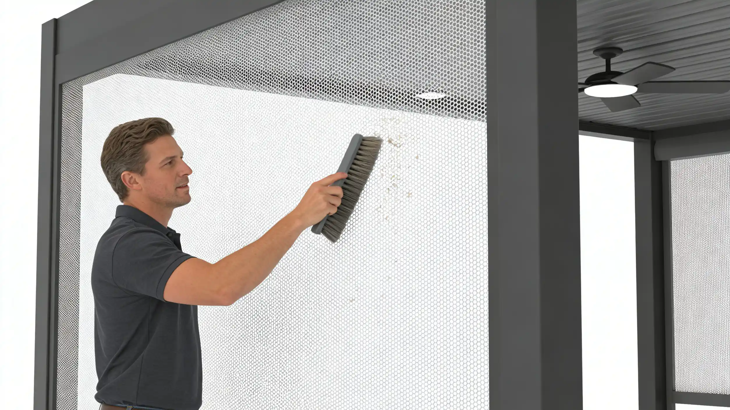 A man used a soft-bristled brush to clean debris from the privacy screens of the gazebo.