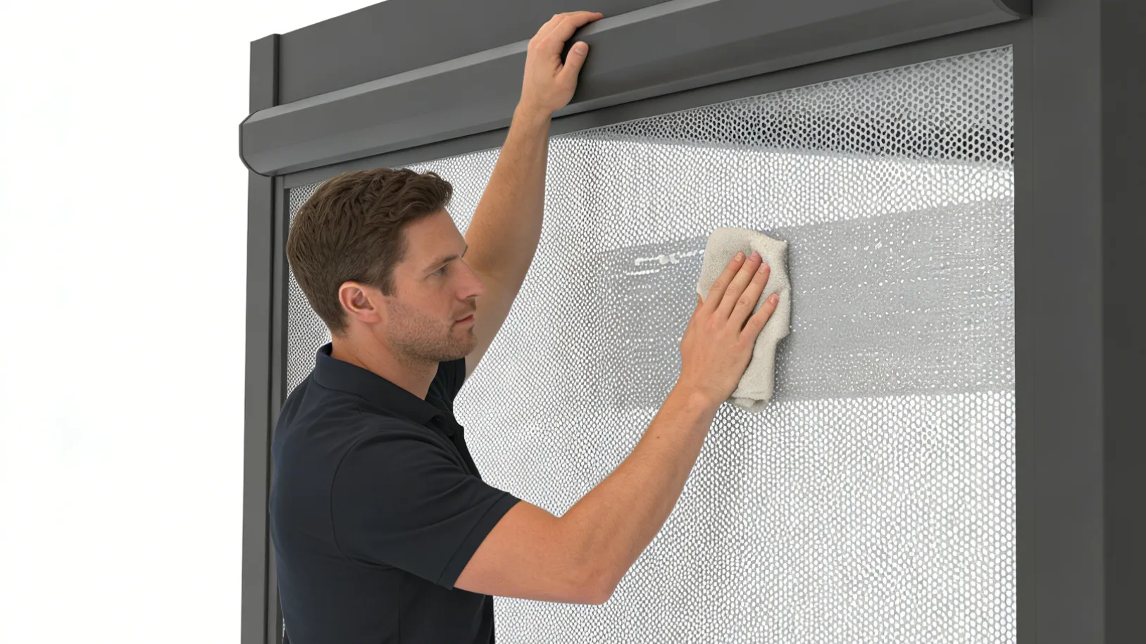 A man used a microfiber cloth to wipe down the privacy screens of the pergola.