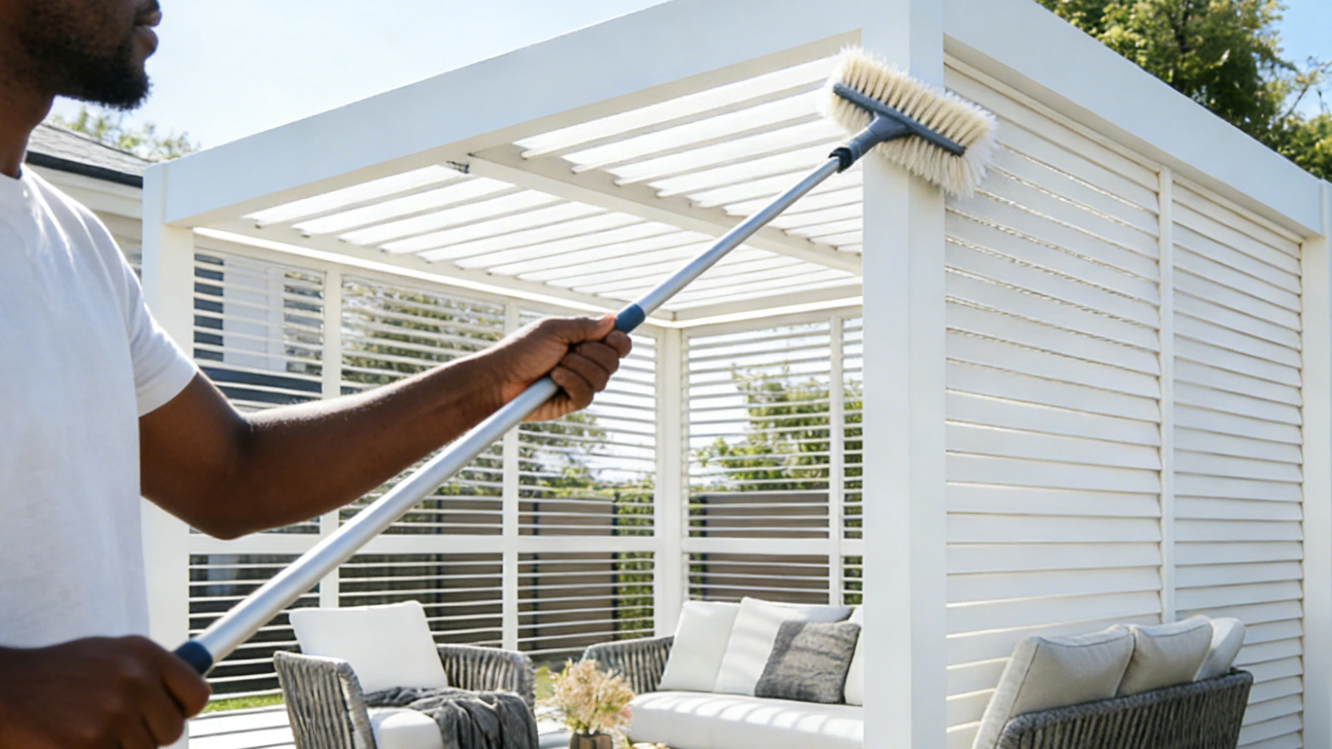 Use a long-handled soft-bristle brush to clean hard-to-reach areas