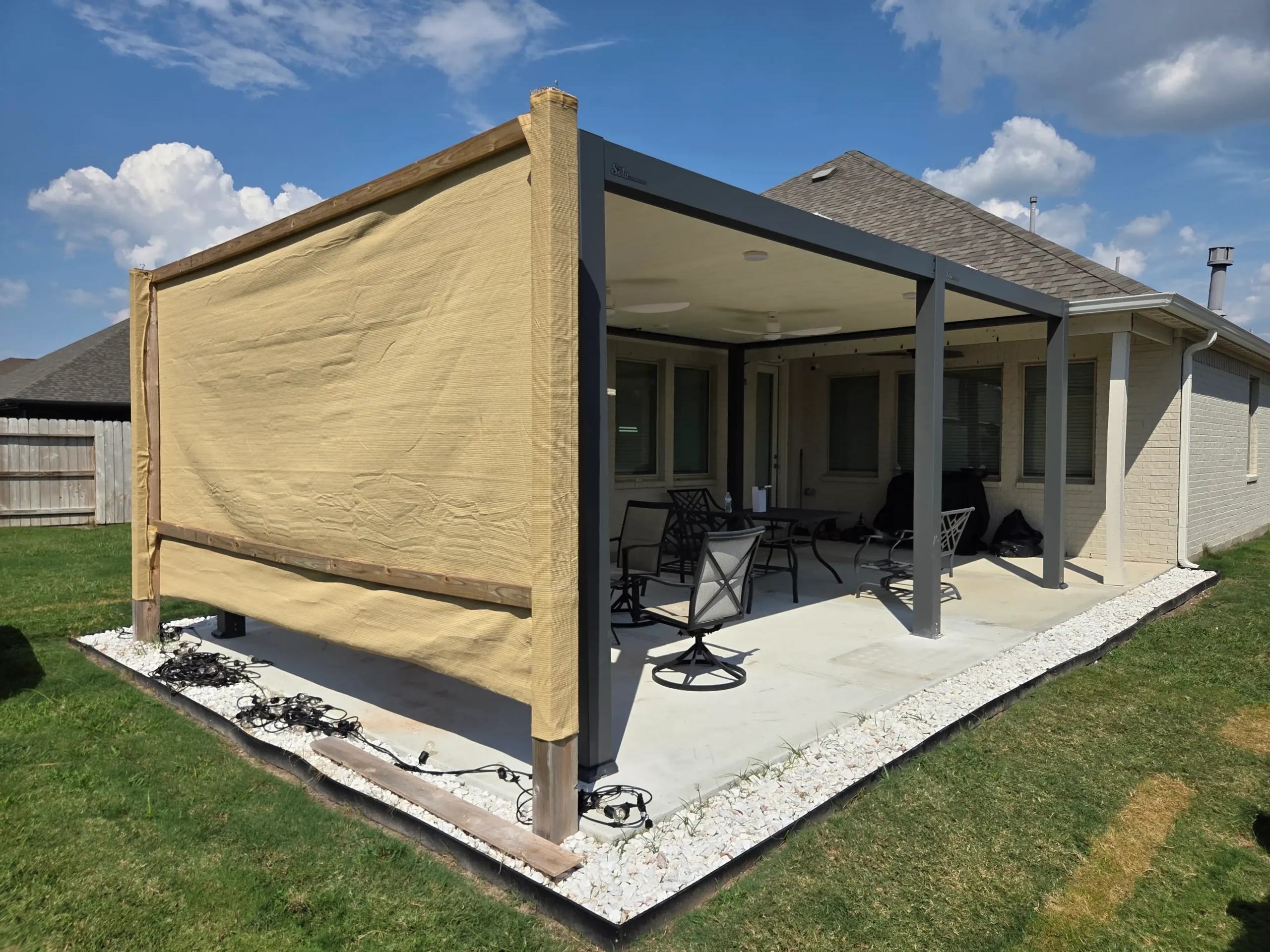 10x20 gray frame electric pergola with white adjustable louvers