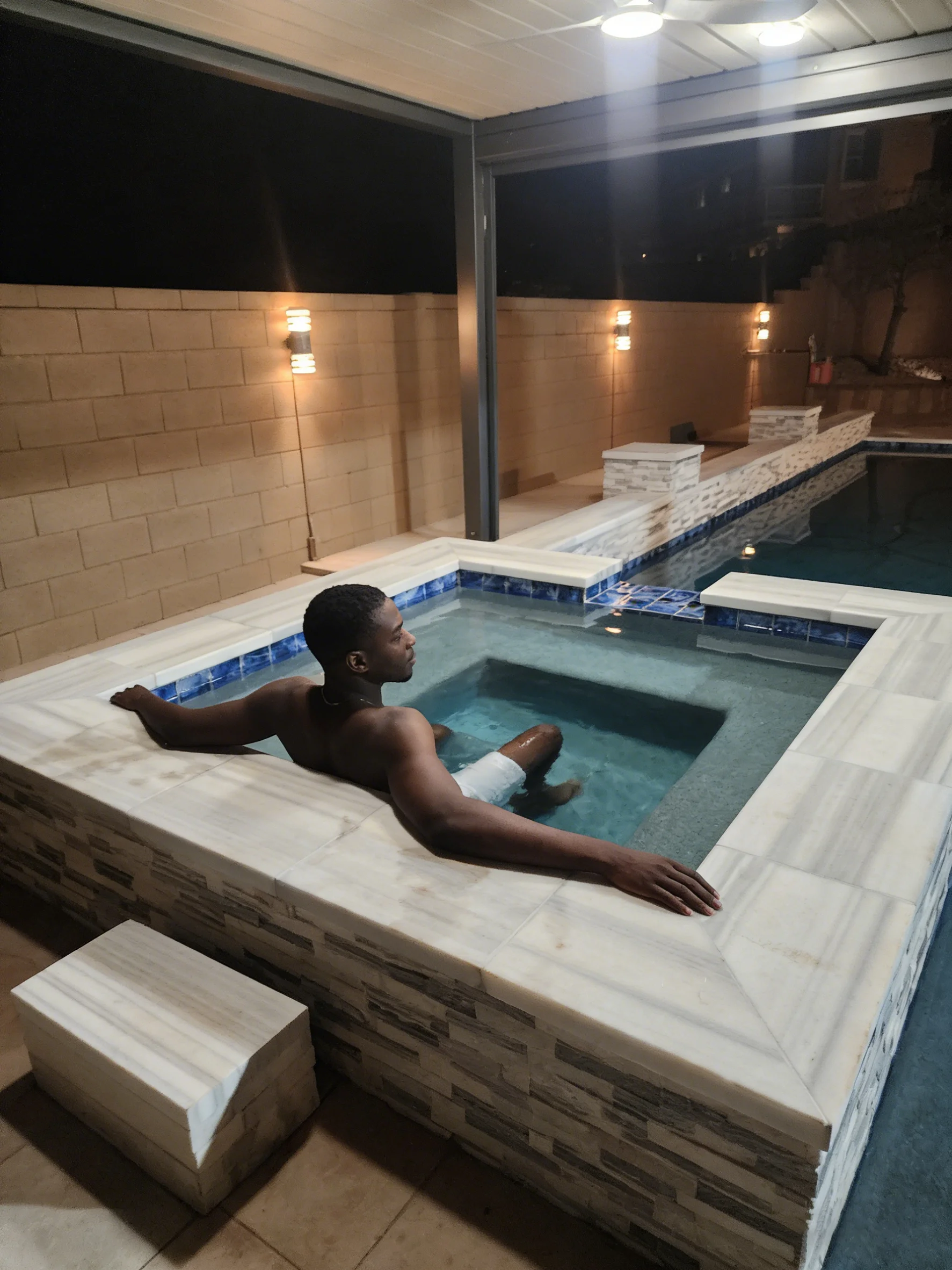 relaxing in spa under custom pool pergola at night
