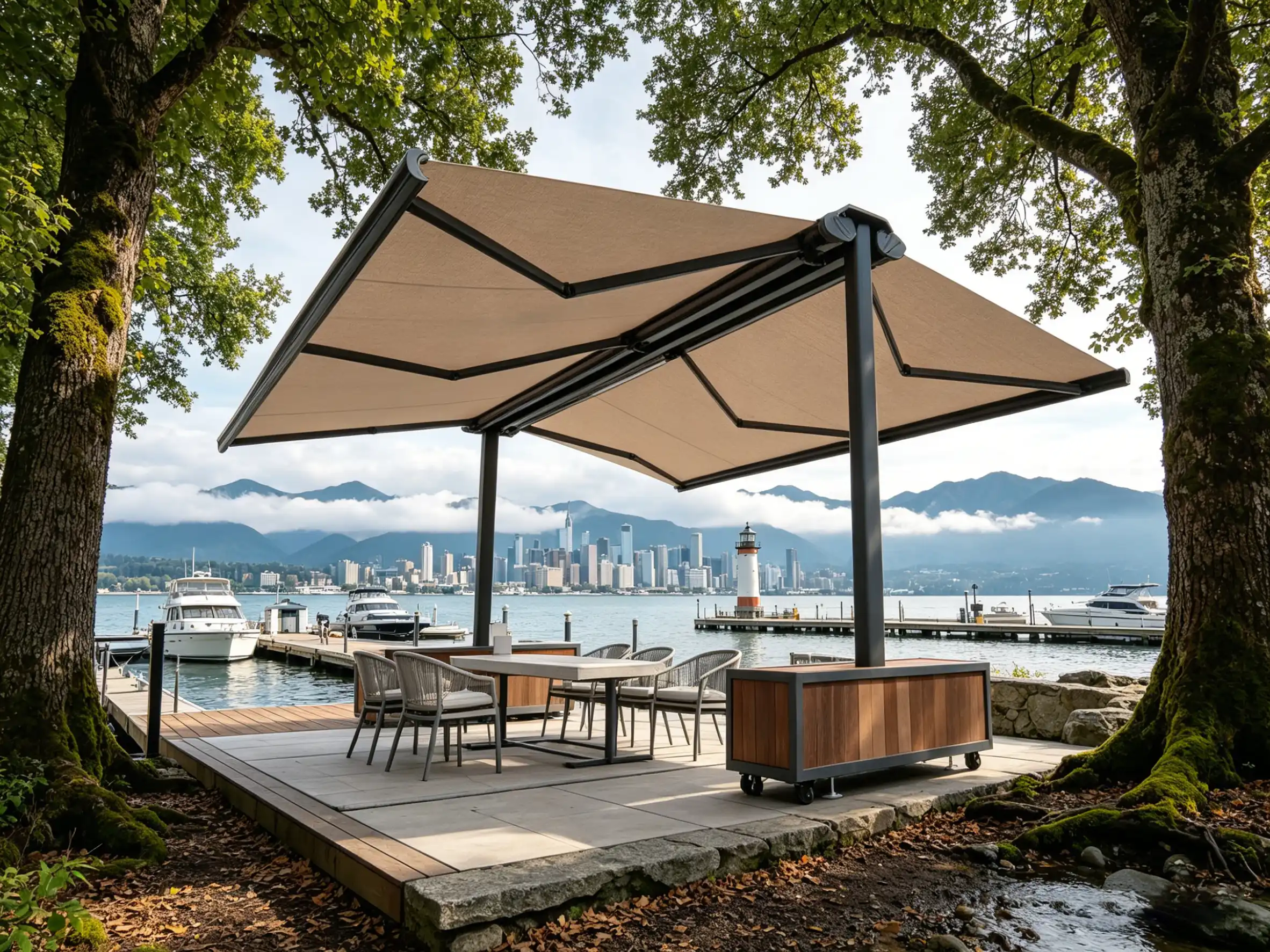 Beige solar-powered butterfly awning shading a scenic waterfront dining deck
