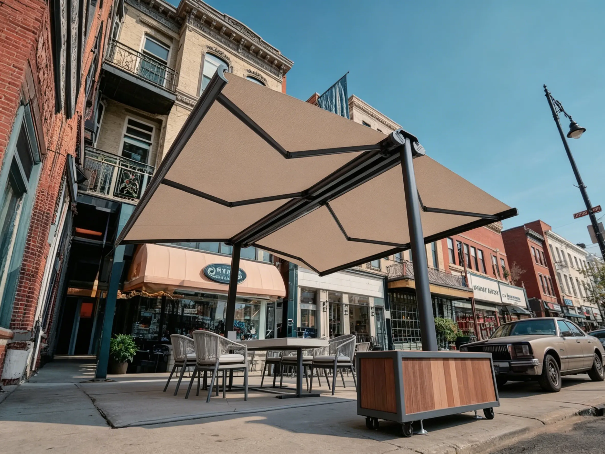 Beige solar-powered butterfly awning shading an outdoor café patio in a city street setting