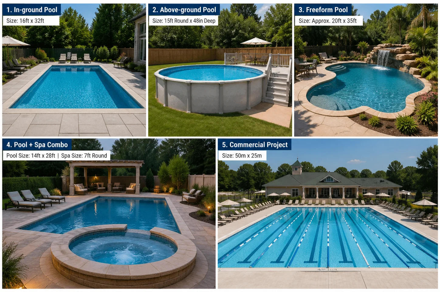 Swimming pools of different types and sizes