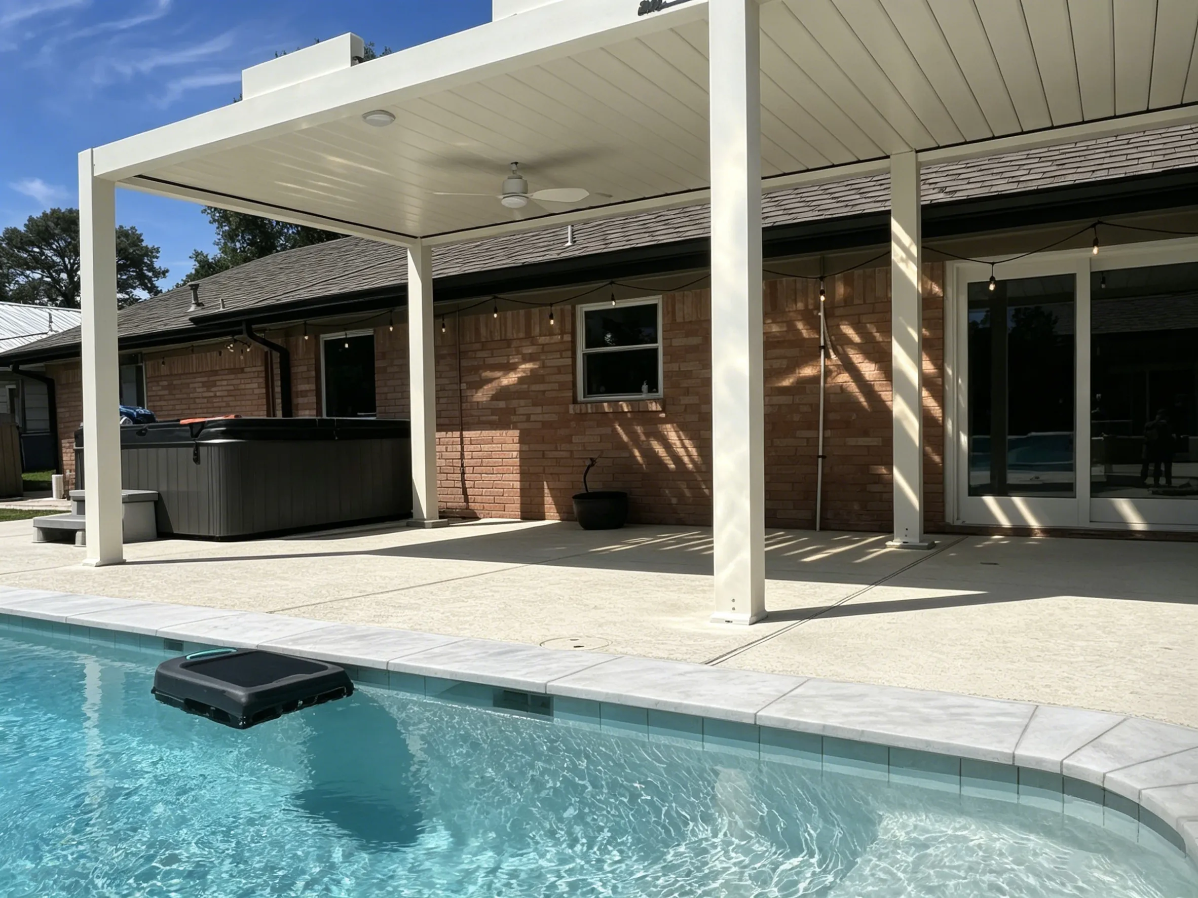 interior view of shade system with ceiling fan over water features