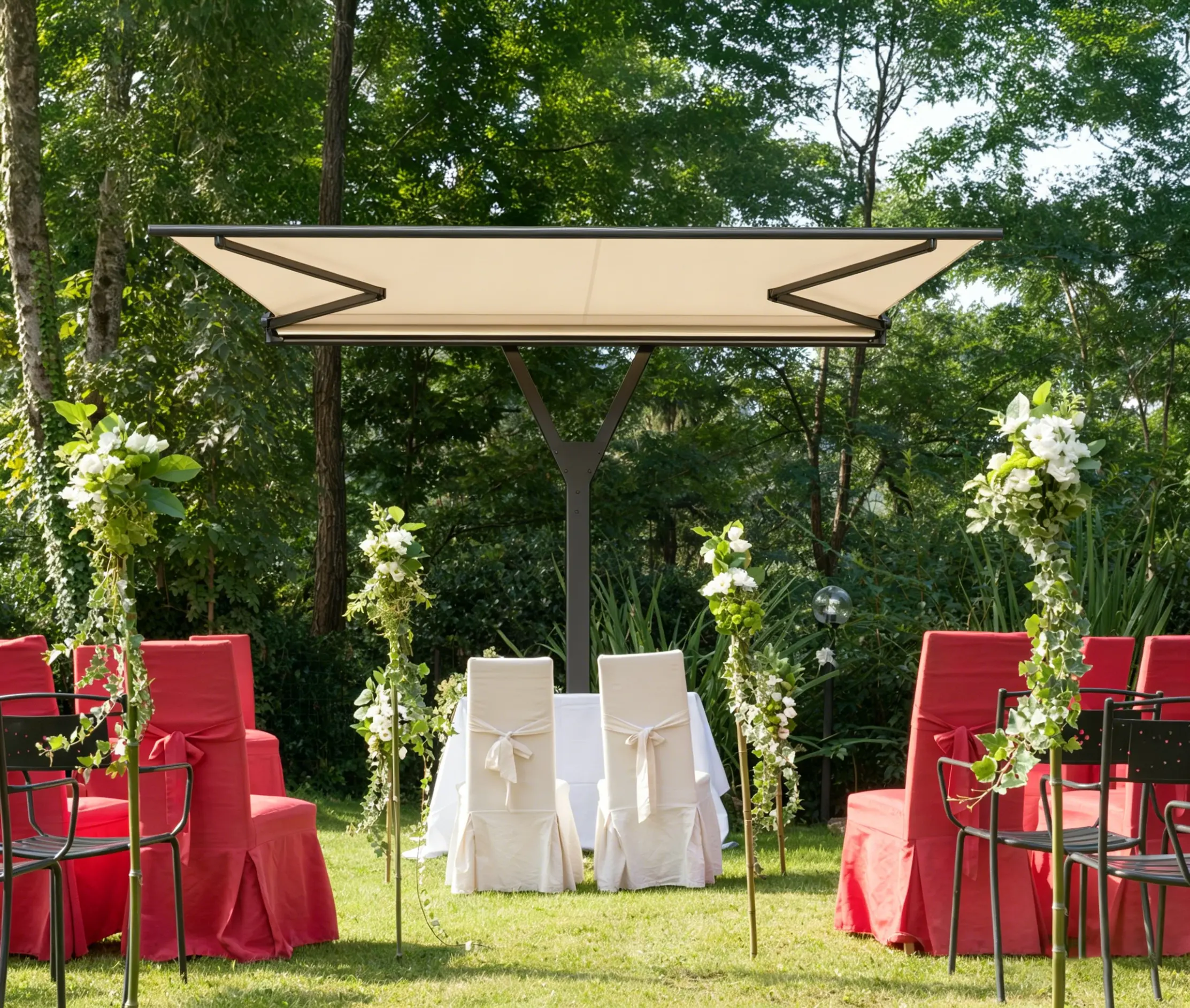 Beige Y-style retractable awning providing shade for an outdoor wedding ceremony setup in a garden