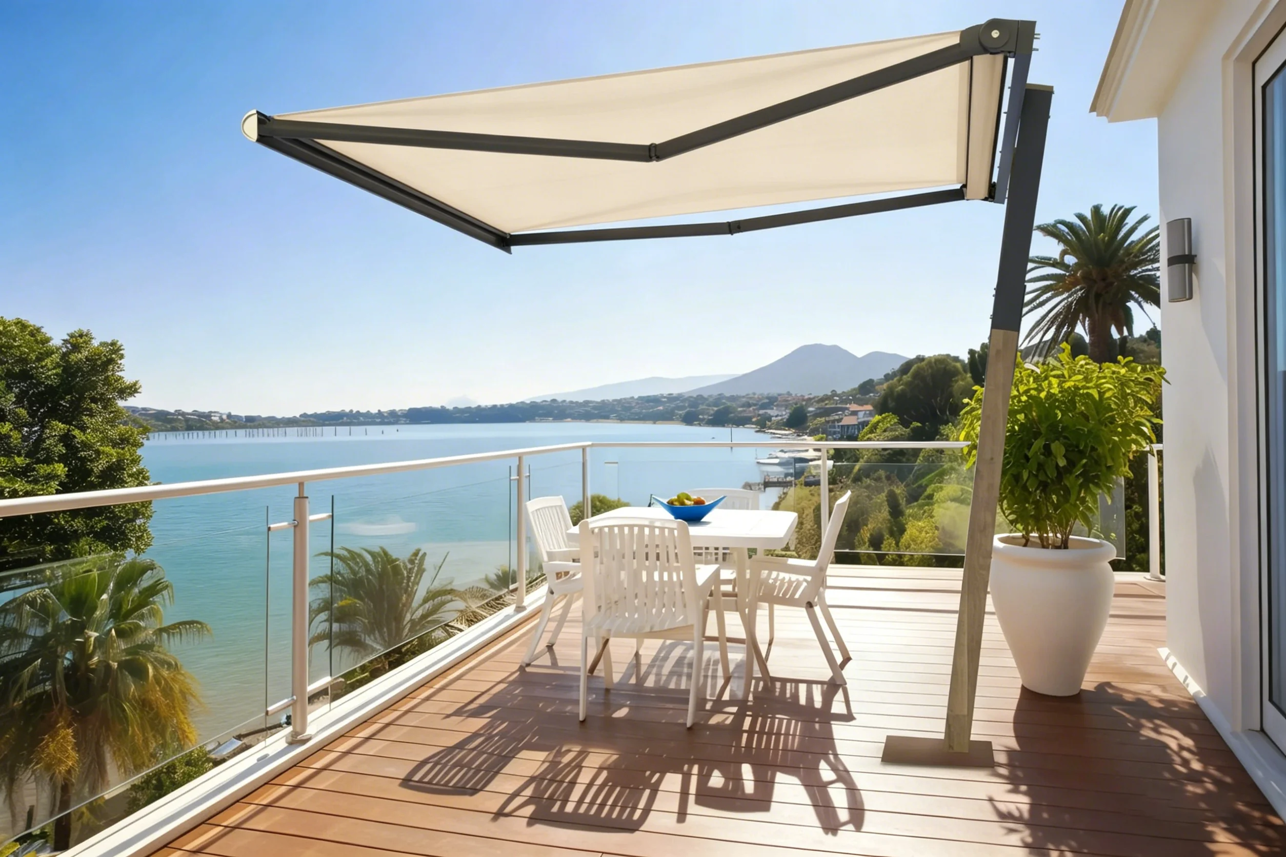 Beige Y-style retractable awning shading a waterfront balcony dining area