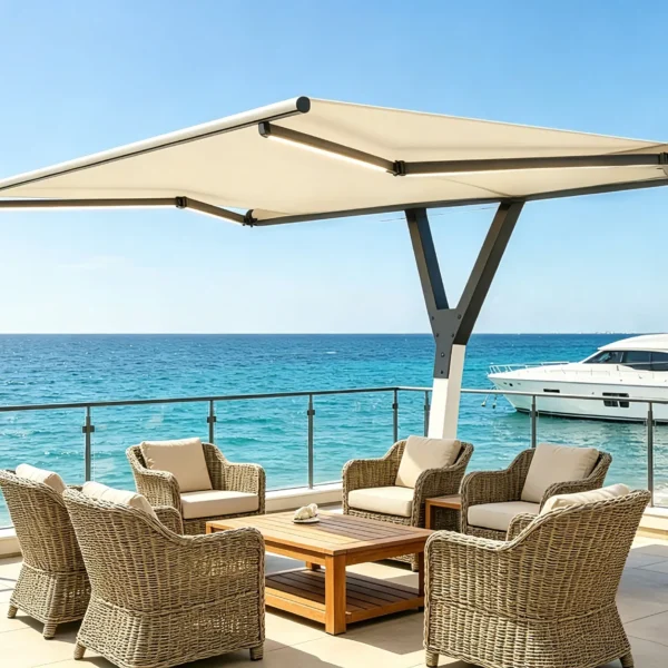 Beige Y-style retractable awning with LED lights shading a luxury oceanfront patio lounge area