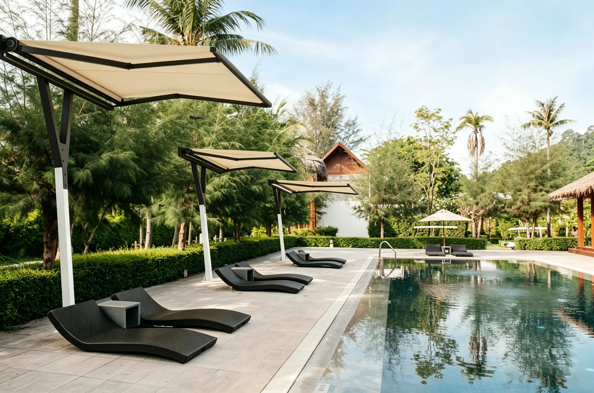 Y-style retractable awnings shading poolside lounge chairs at a tropical resort swimming pool