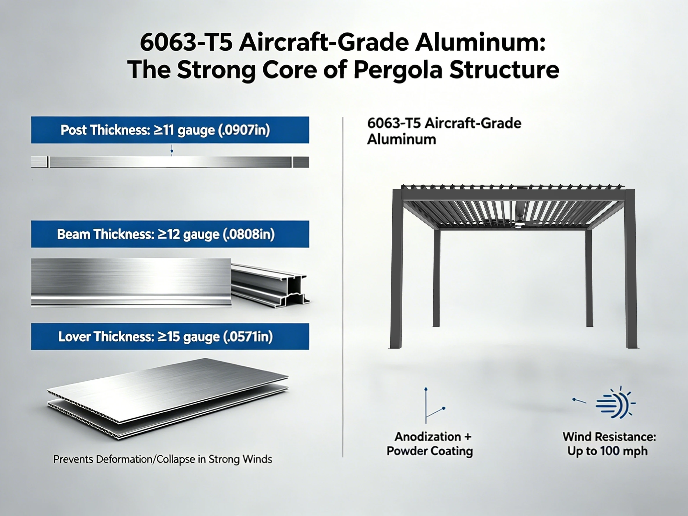 6063-T5 aircraft-grade aluminum pergola material specification chart, showing gauge thickness, corrosion-resistant coating, and wind resistance up to 100 mph.