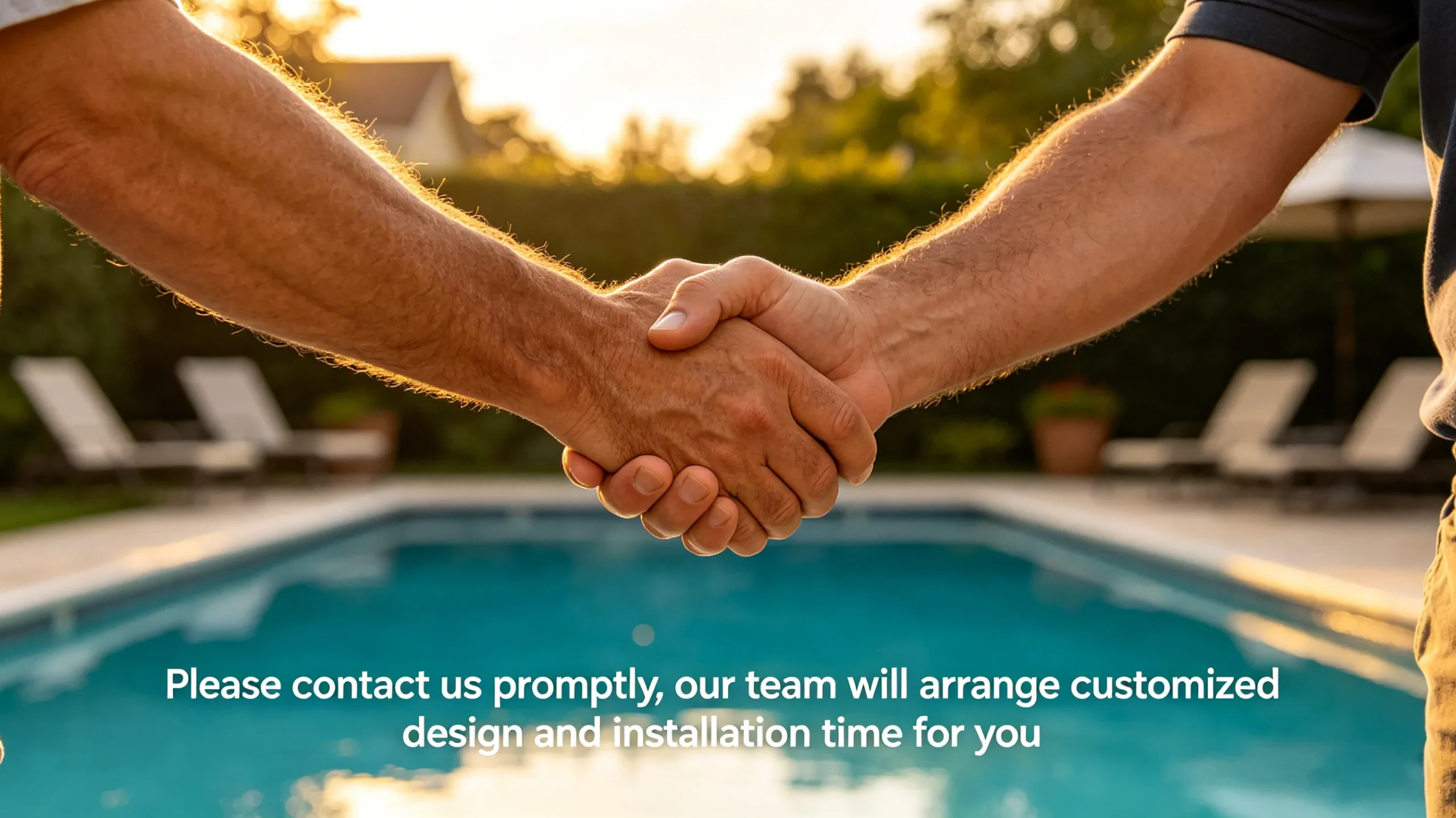 Poolside handshake, custom outdoor pergola installation service agreement