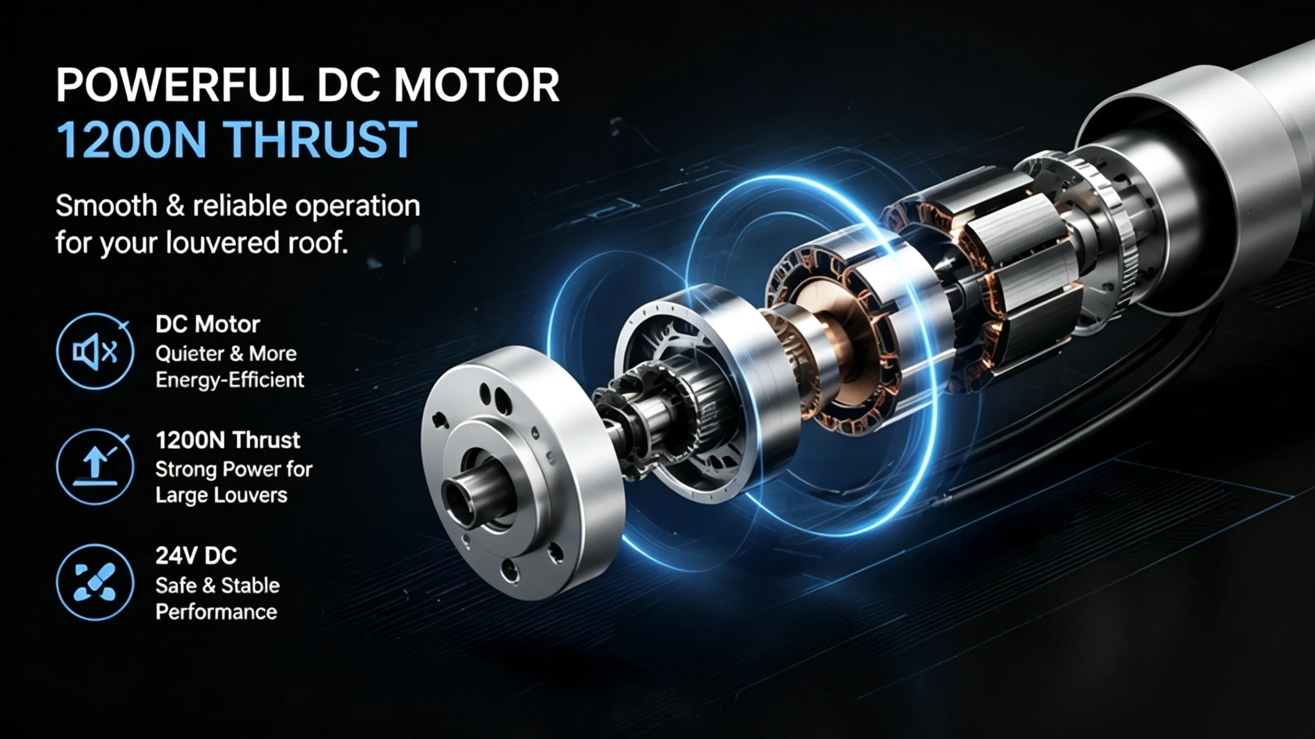 Powerful 1200N thrust DC motor for pergola louvers, featuring quiet, energy-efficient 24V operation