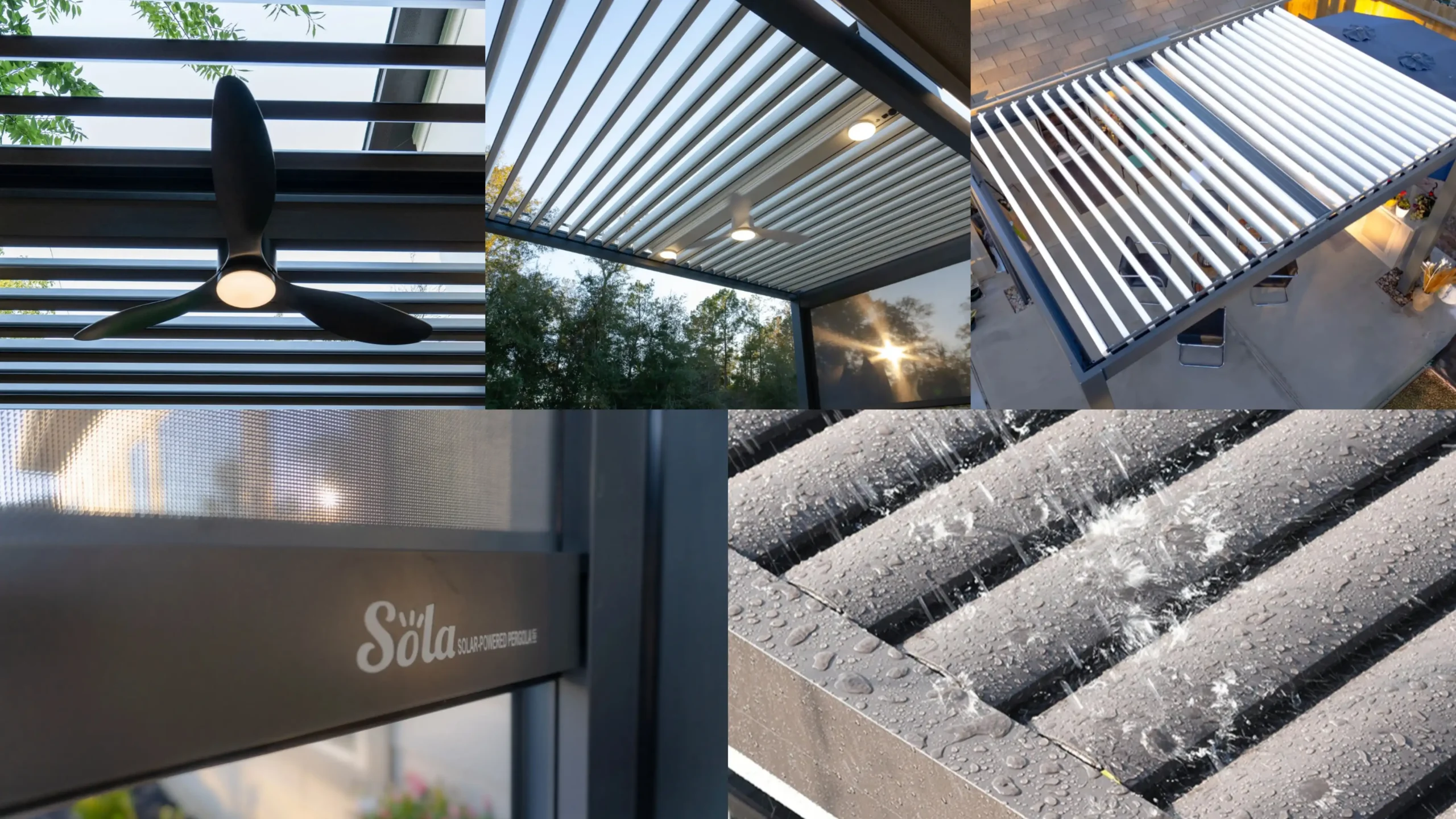 Solar pergola features built-in fans, lights, motorized louvers, privacy screen, rain protection