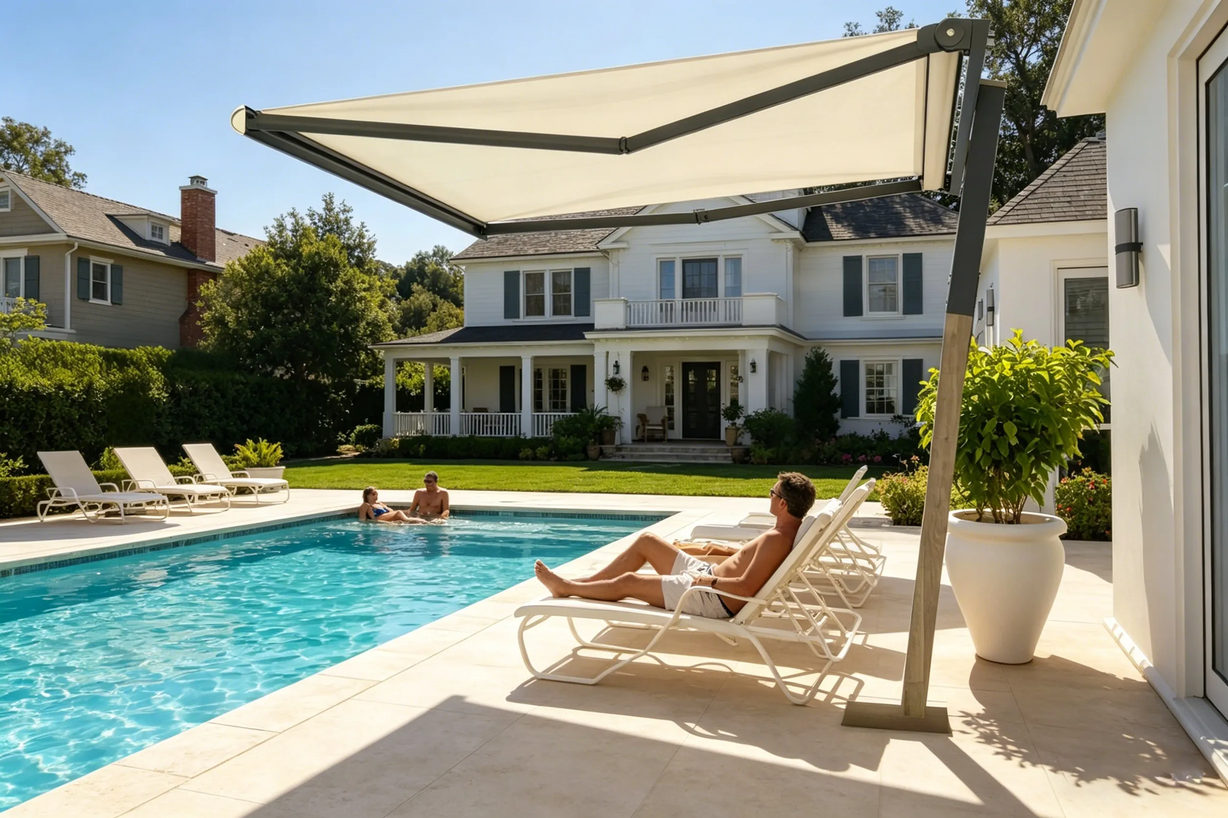 Y-style retractable awning providing shade over a residential poolside lounge area.