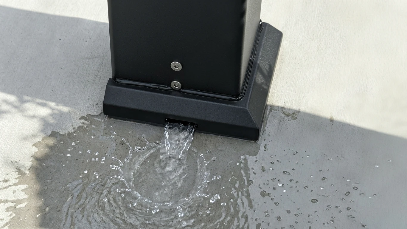 Close up of the base of the pergola column with built-in drainage outlet