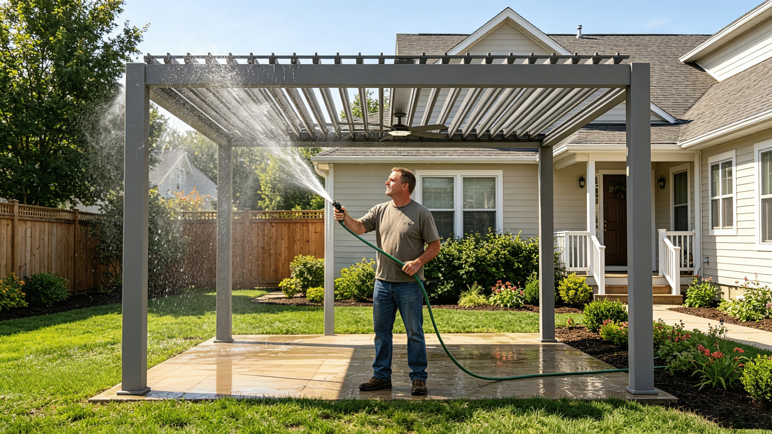 Homeowner rinsing durable aluminum louvered pergola with garden hose in residential backyard patio