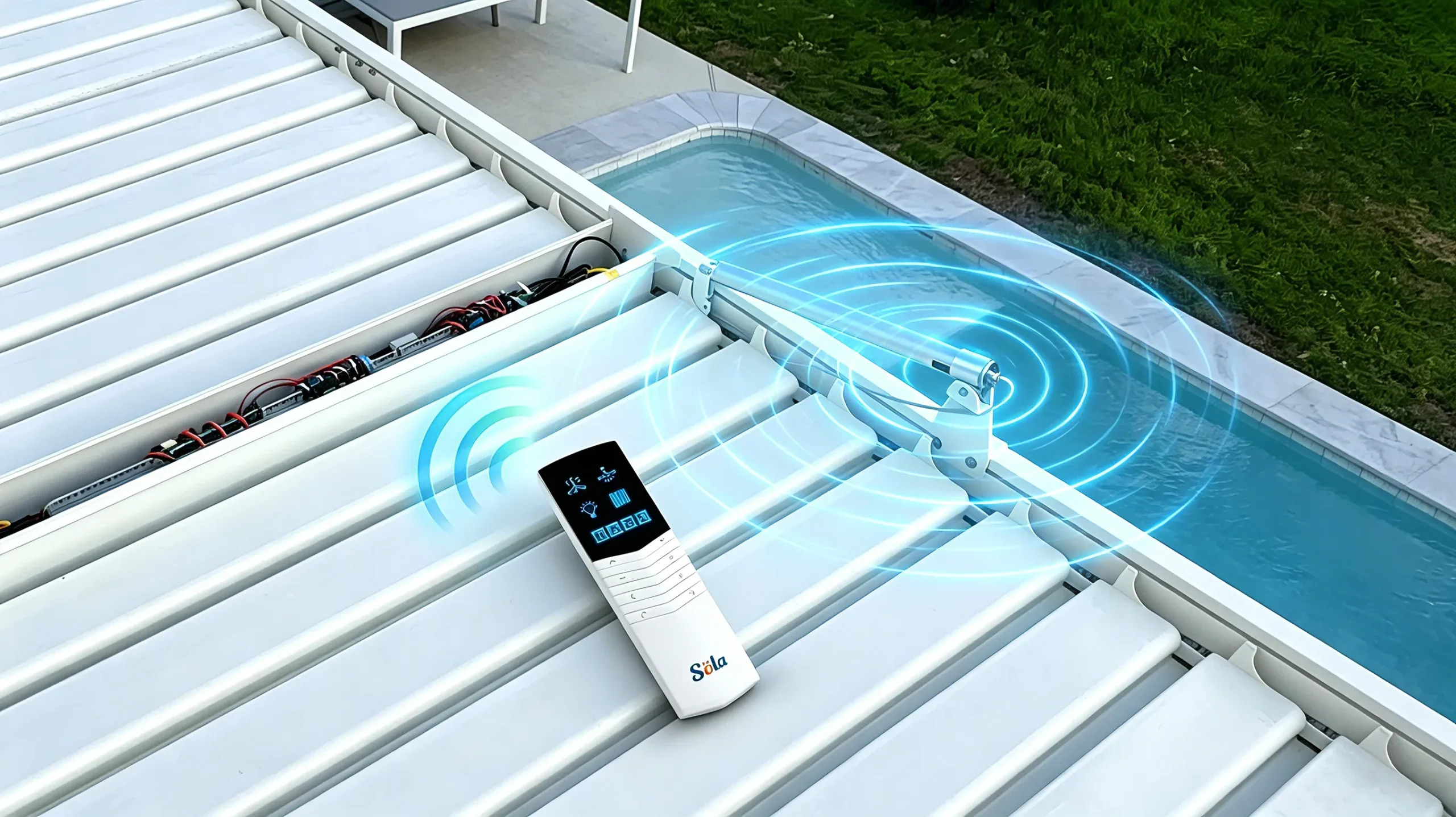 Test the operation of the white aluminum canopy motor with a remote control