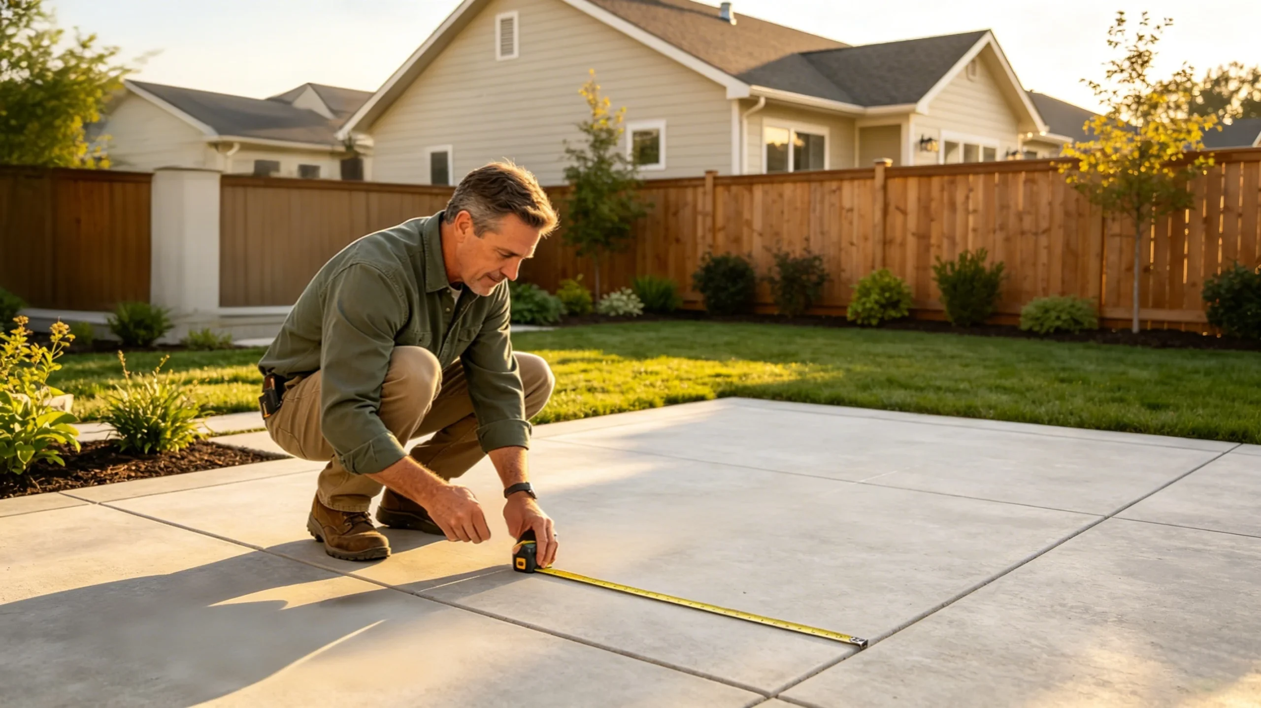 A man is measuring the size of a concrete backyard terrace