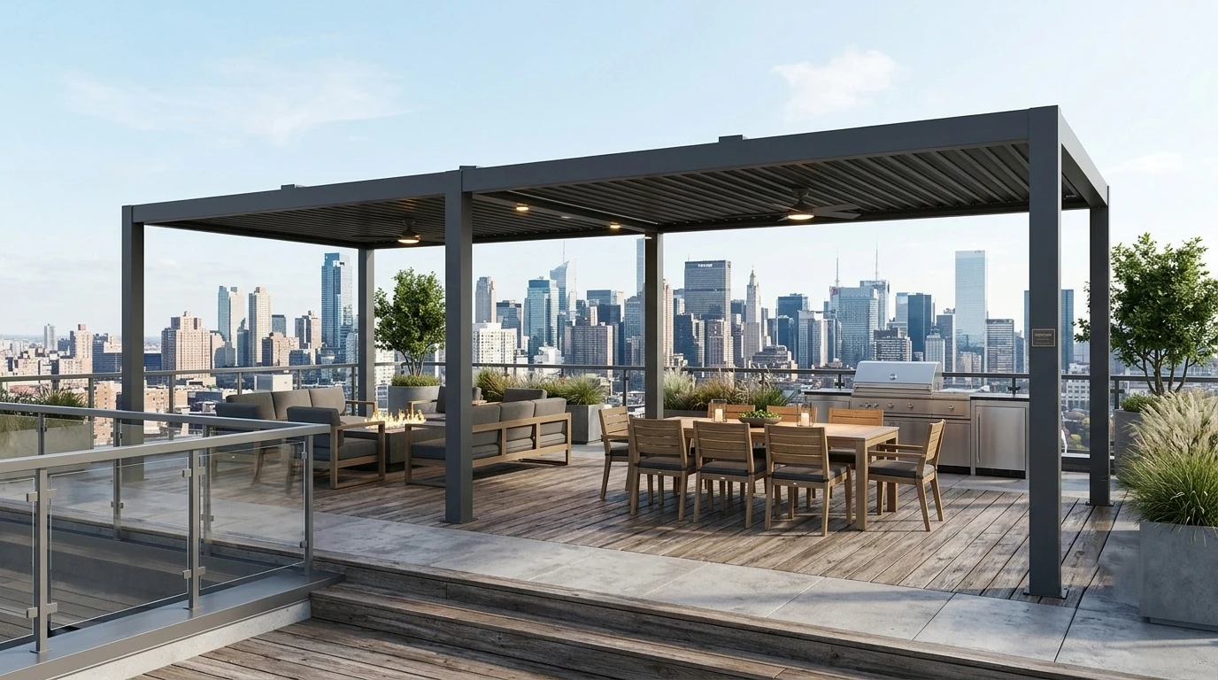 Aluminum louvered pergola furnishing city rooftop deck with dining