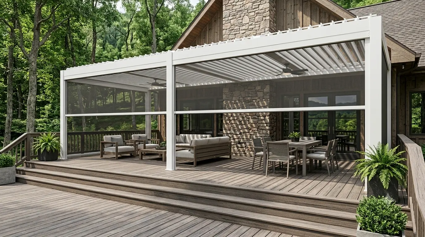 Attached pergola with motorized zip screens on wood deck amid woods