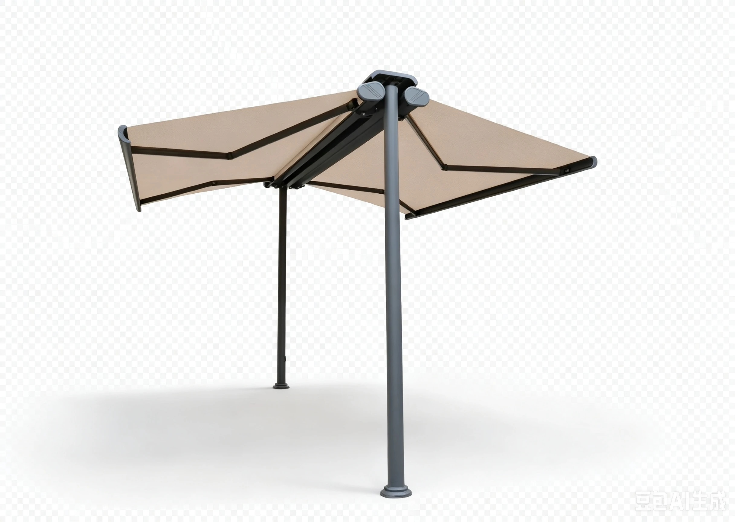 Beige solar butterfly awning with dark aluminum frame