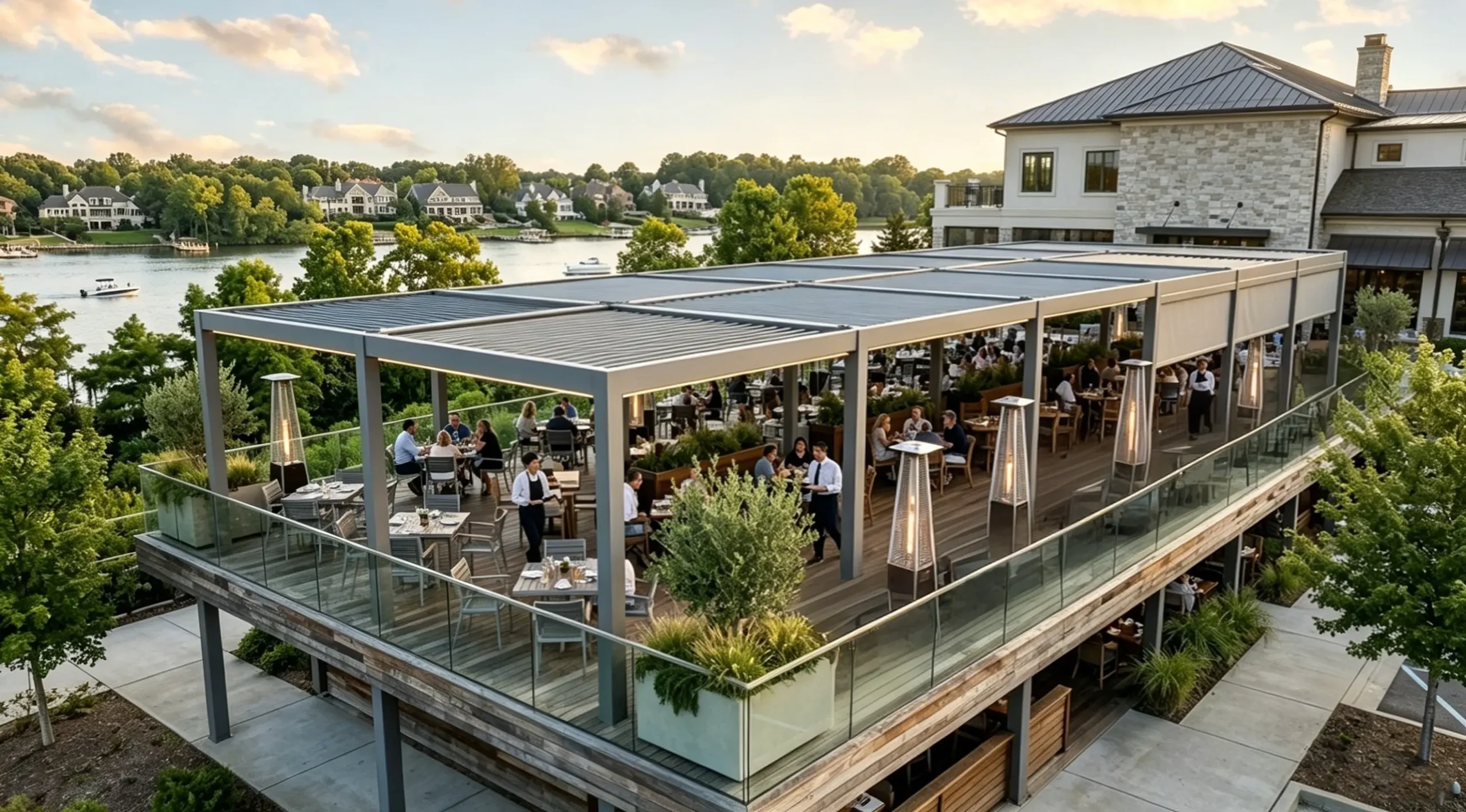 Commercial motorized louvered aluminum pergola covering lakeside restaurant outdoor dining patio