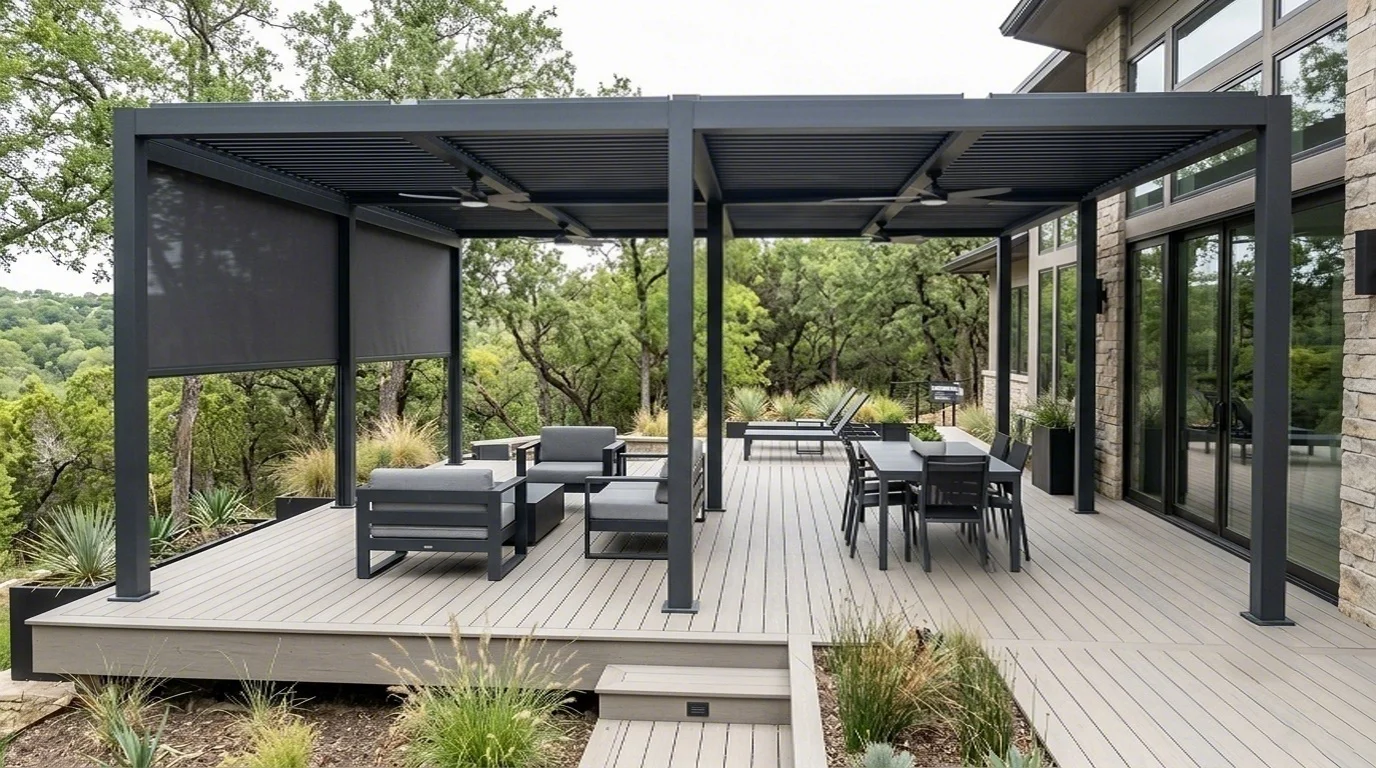 Dark aluminum louver pergola with side privacy shades on multi-function outdoor composite deck