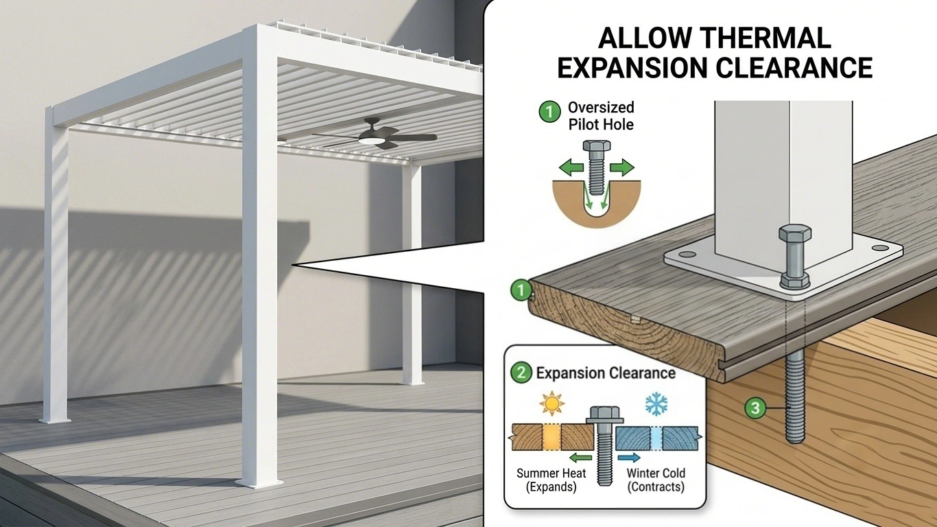 Drill oversized pilot holes for thermal expansion to prevent composite deck cracking during pergola installation