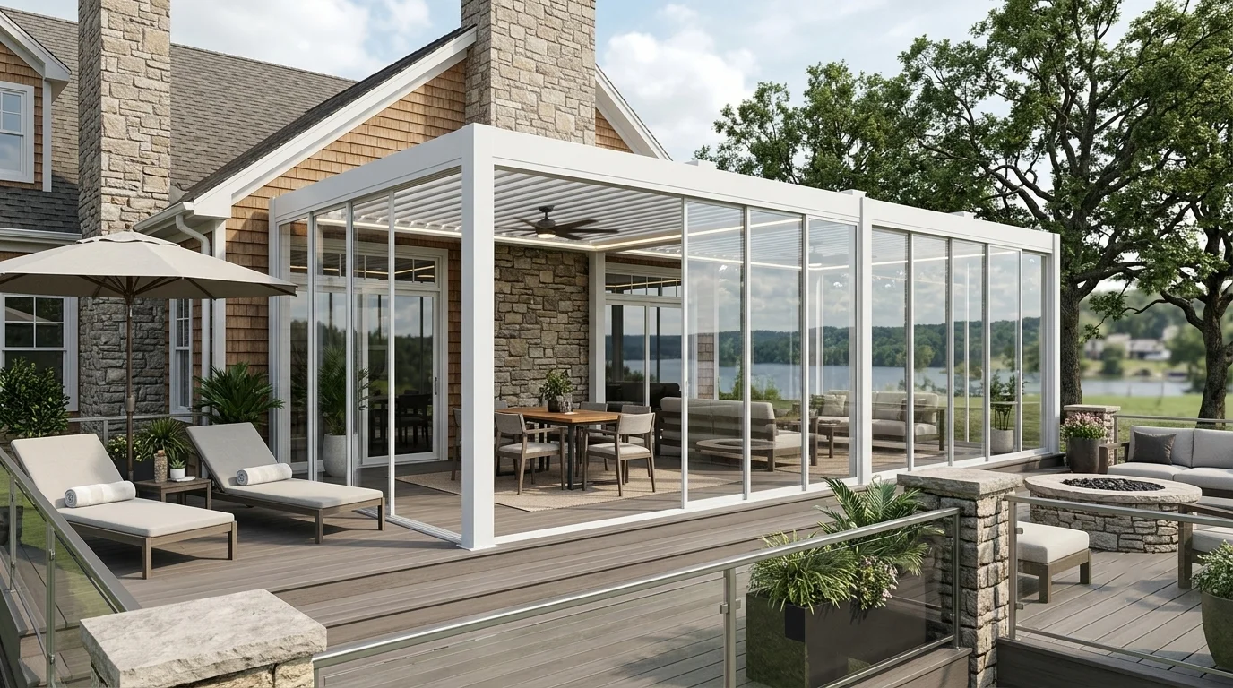 Enclosed white louvered pergola with glass walls on multi-zone lakeside wooden patio deck