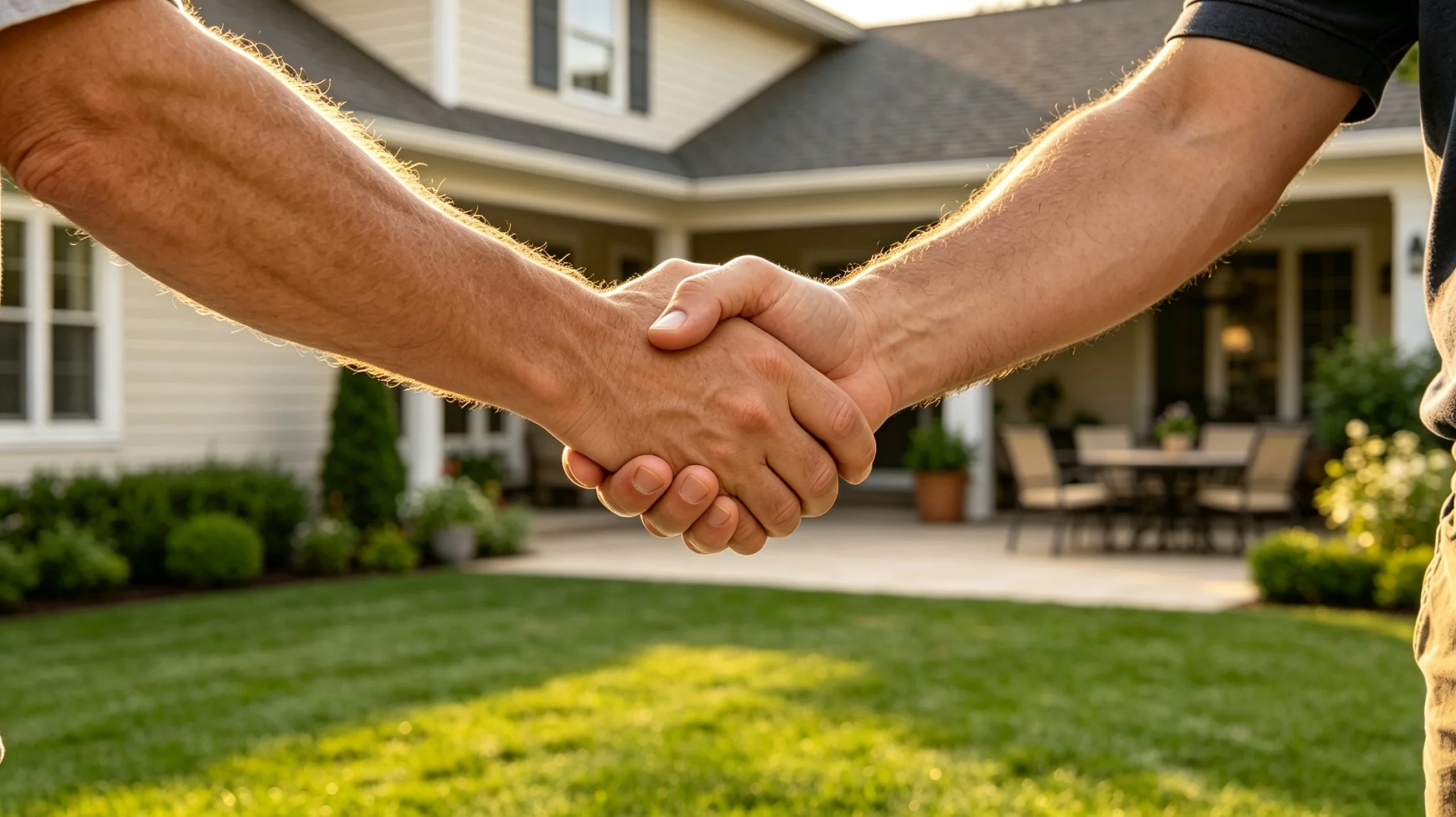 Homeowner and contractor handshake in backyard after agreeing on aluminum pergola installation project