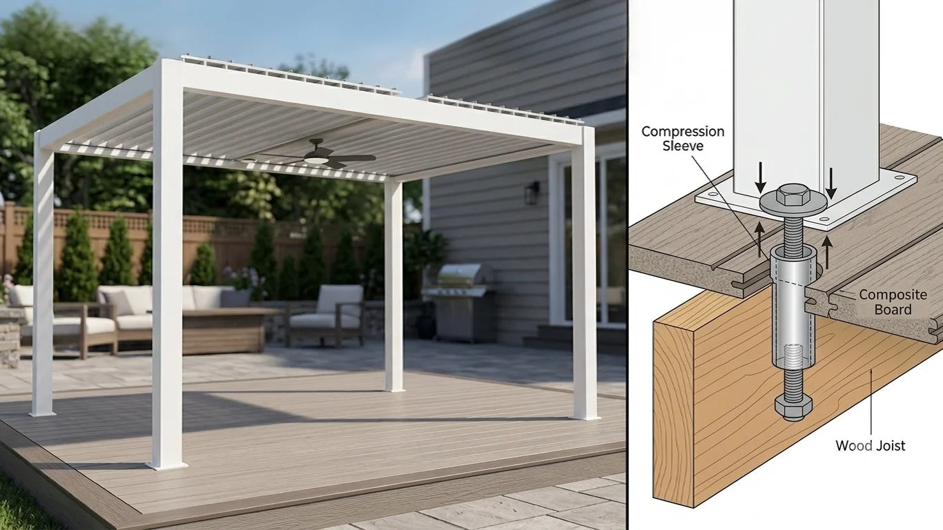 Install compression sleeves between bolts and composite decking to avoid board deformation during pergola installation