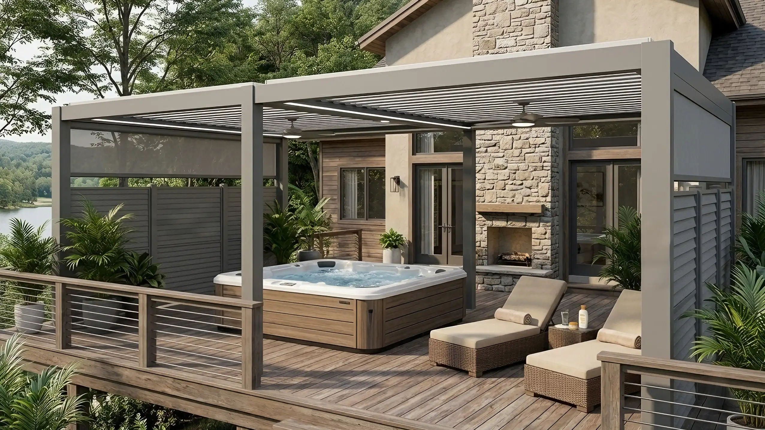 Louvered aluminum pergola covering backyard hot tub lounge deck with privacy screens and lakeside scenery