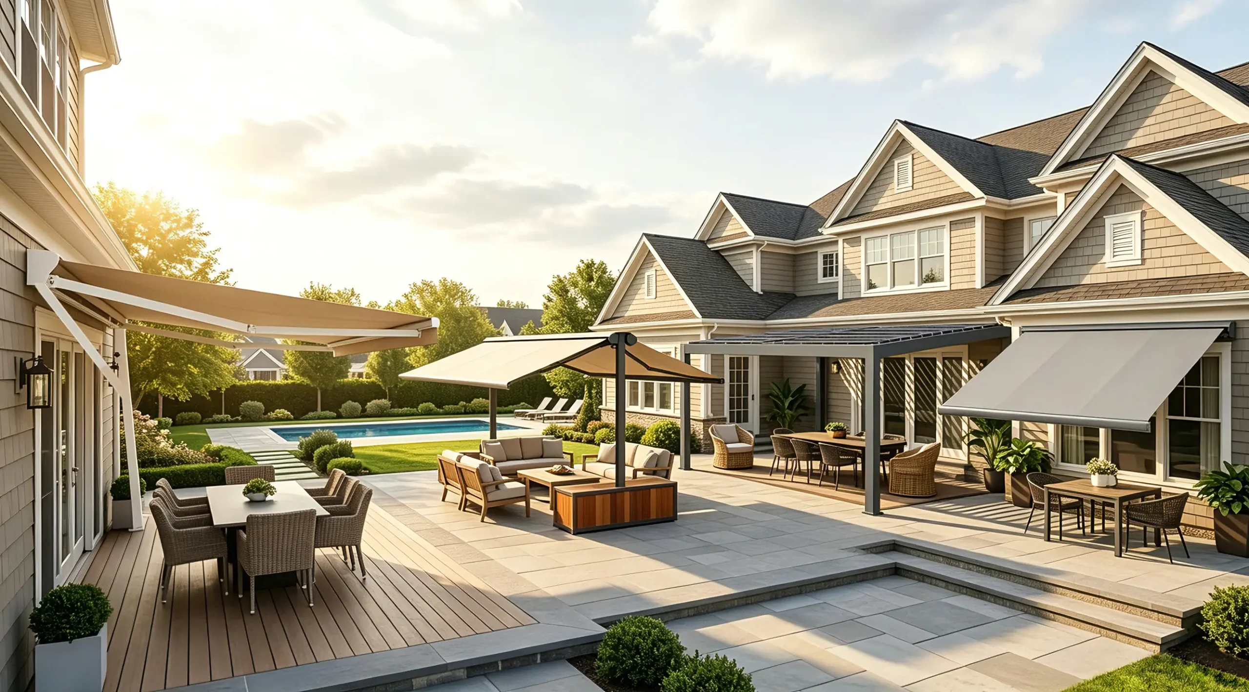 Solar pergolas and awnings transforming luxury suburban backyard patio with versatile outdoor shade structures and poolside living space