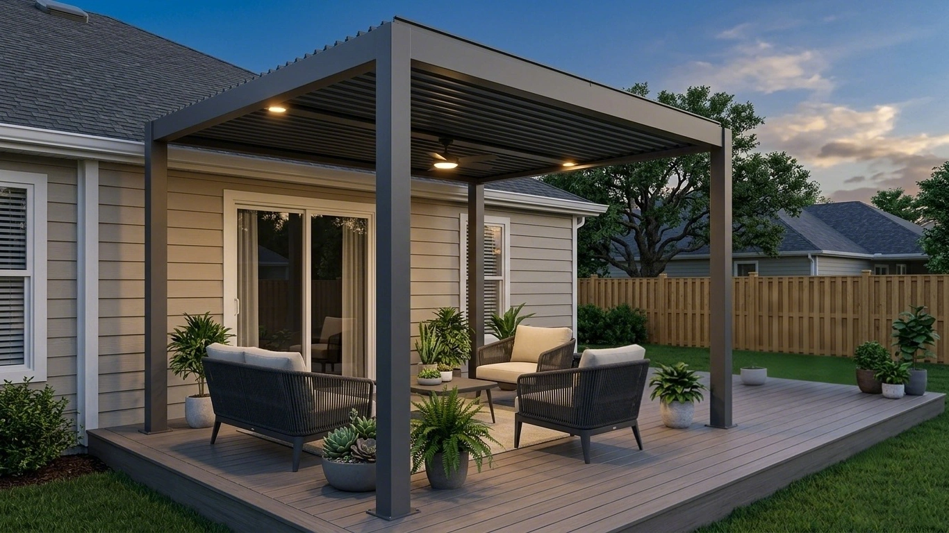 Minimalist freestanding aluminum pergola on compact suburban backyard deck nook