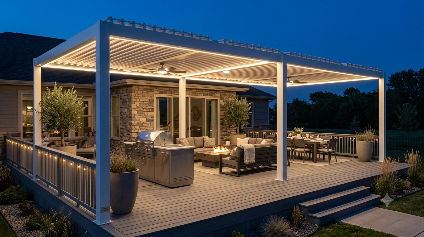 Night backyard deck fitted with lit motorized aluminum pergola