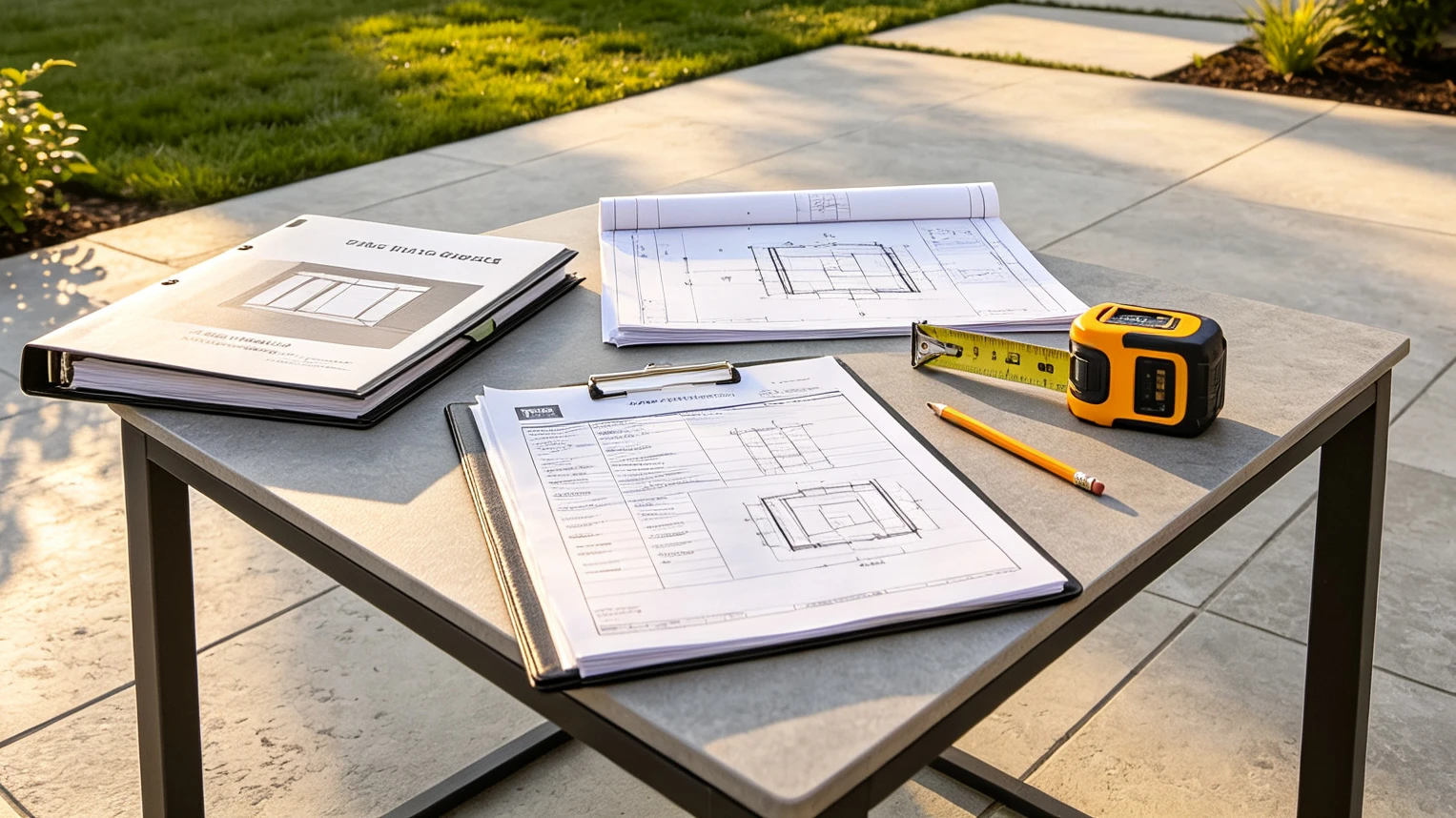 Pergola construction blueprints, product documentation and measuring tools laid out on patio table for building permit application paperwork