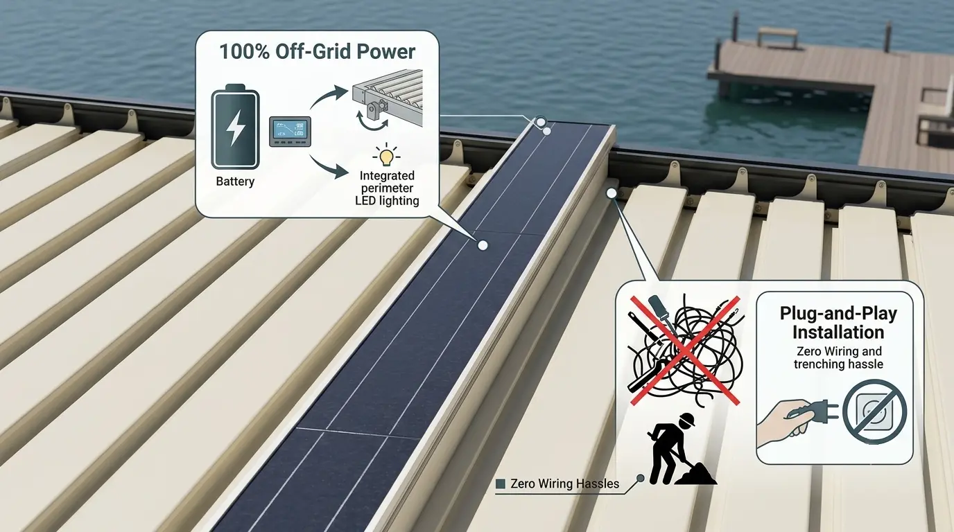Solar pergola runs fully off-grid with solar panels and batteries-plug-and-play setup needs no wiring or trenching